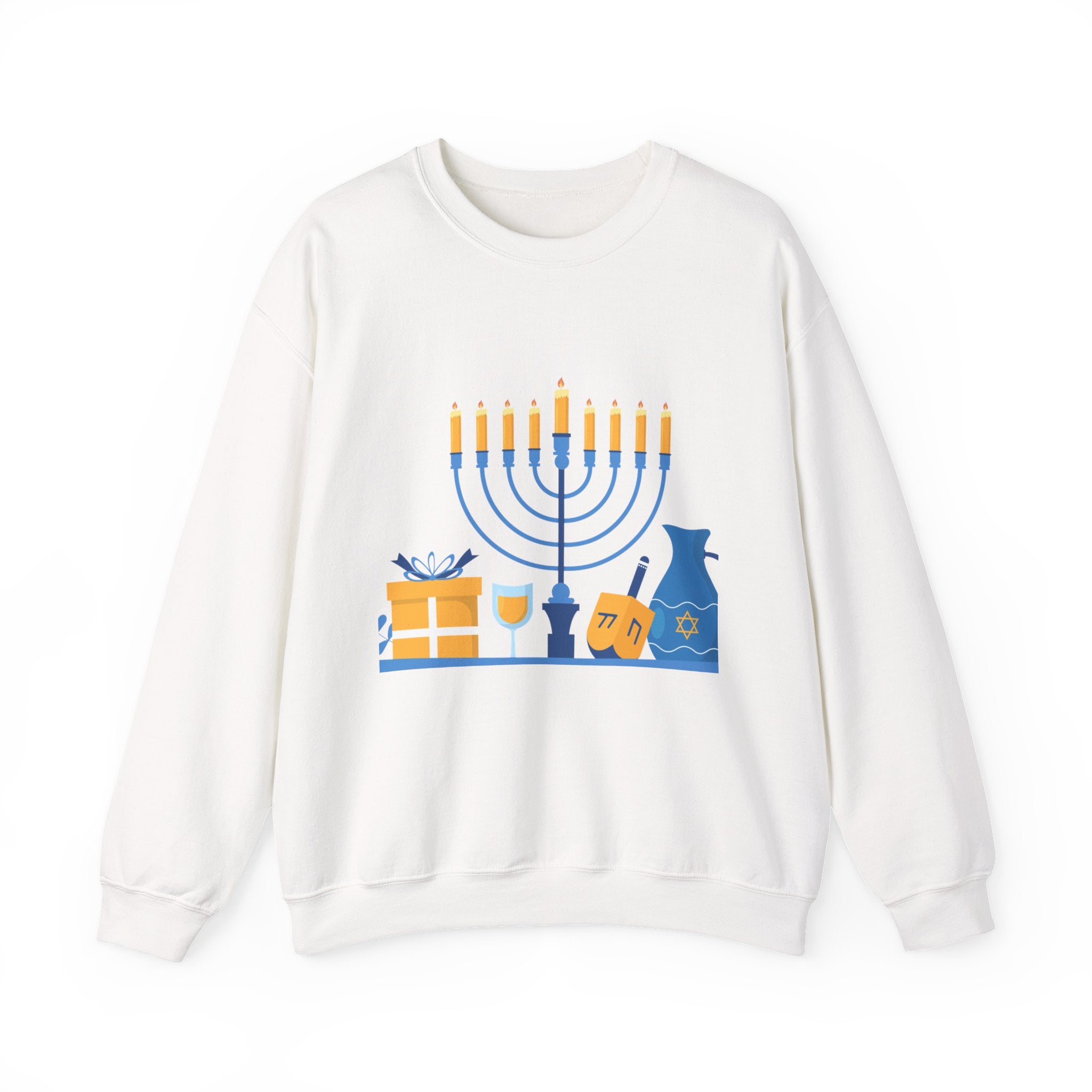 Hanukkah Crewneck Sweatshirt — Menorah, Dreidel & ‘Happy Hanukkah’ Holiday Sweater