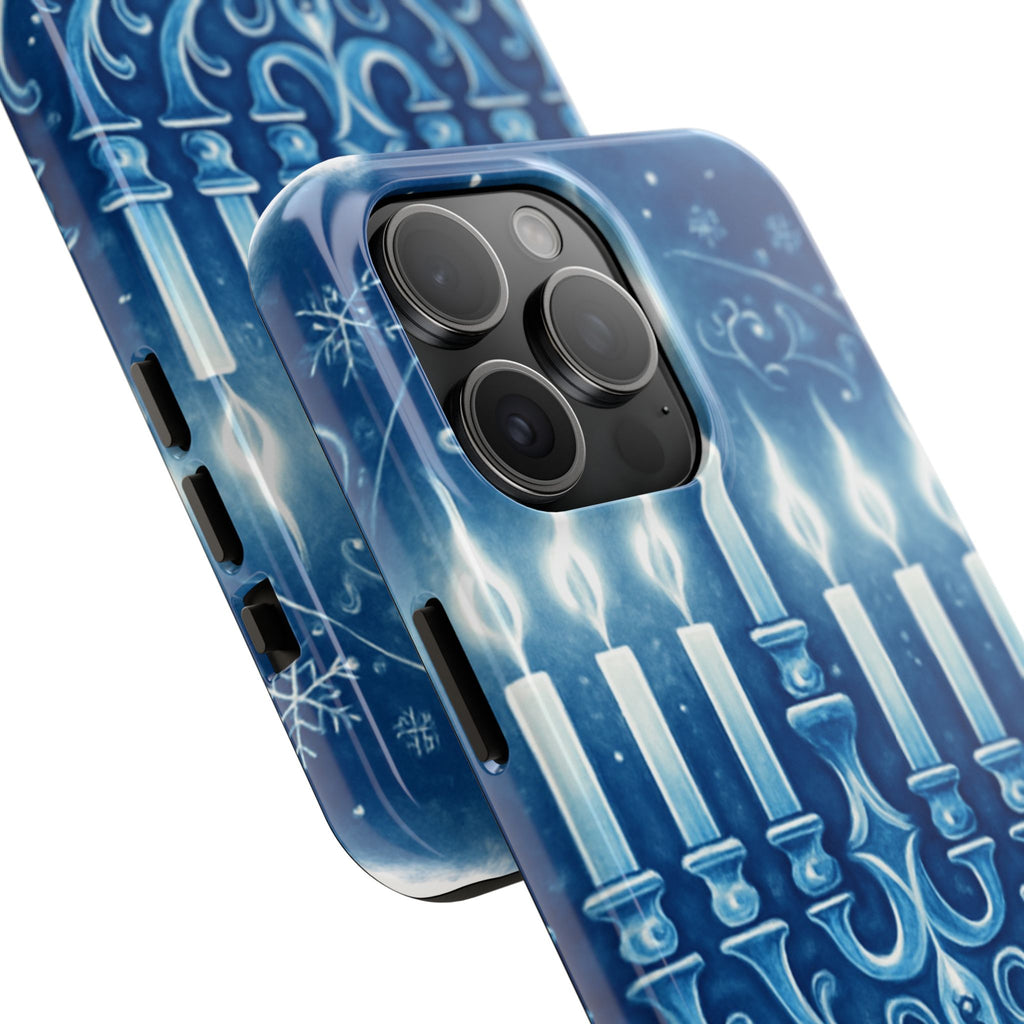 Blue Hanukkah Menorah Tough Phone Case — Holiday Candlelight Protective Cover