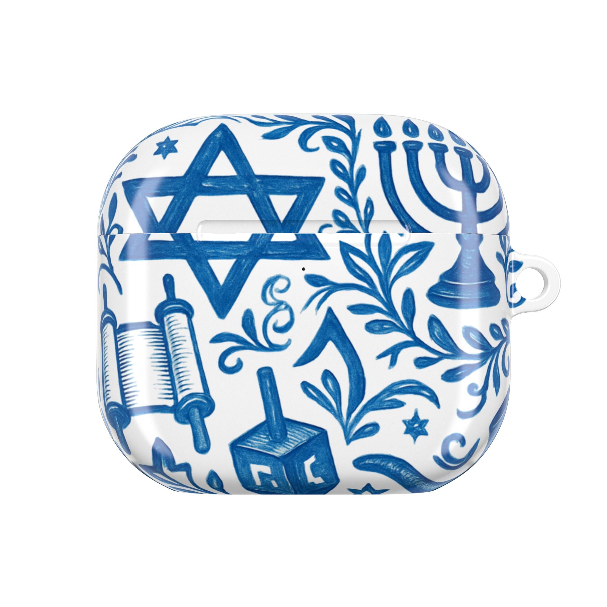Hanukkah AirPod Case — Blue Menorah, Star of David & Dreidel Design