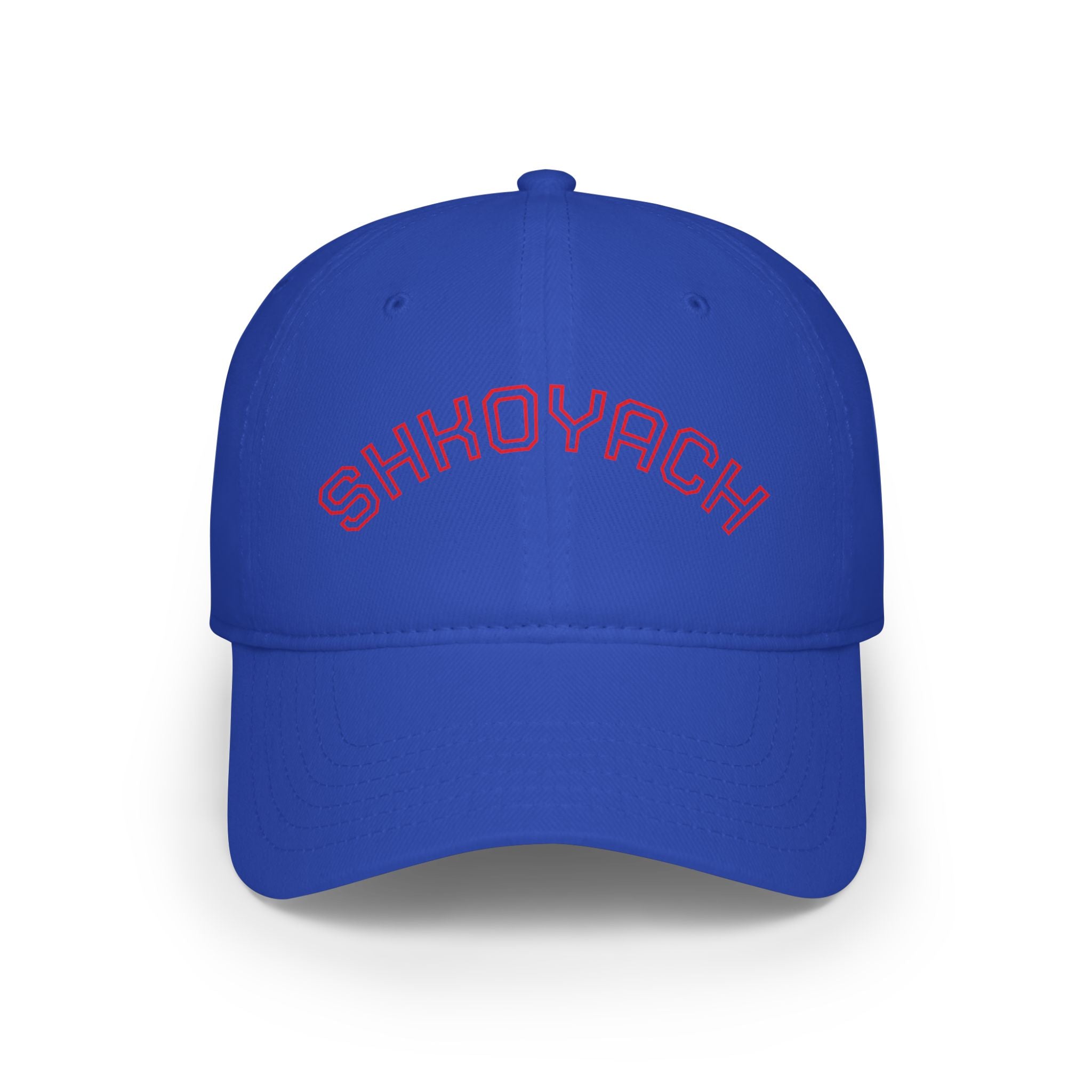 Blue cap with red text on a white background