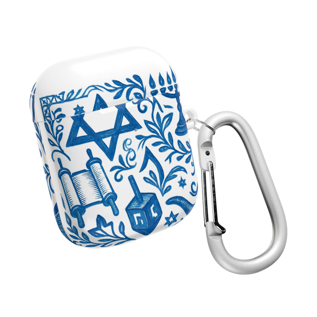 Hanukkah AirPod Case — Blue Menorah, Star of David & Dreidel Design