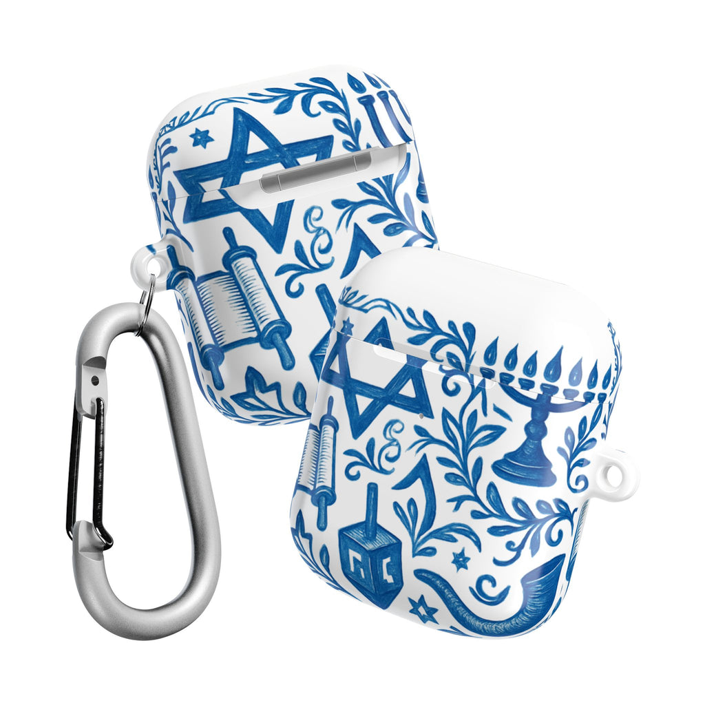 Hanukkah AirPod Case — Blue Menorah, Star of David & Dreidel Design