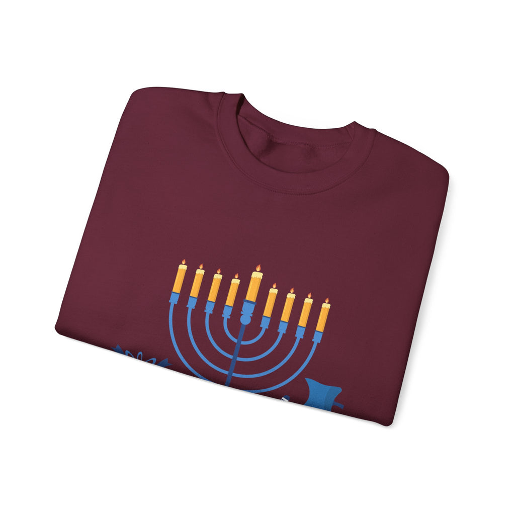 Hanukkah Crewneck Sweatshirt — Menorah, Dreidel & ‘Happy Hanukkah’ Holiday Sweater