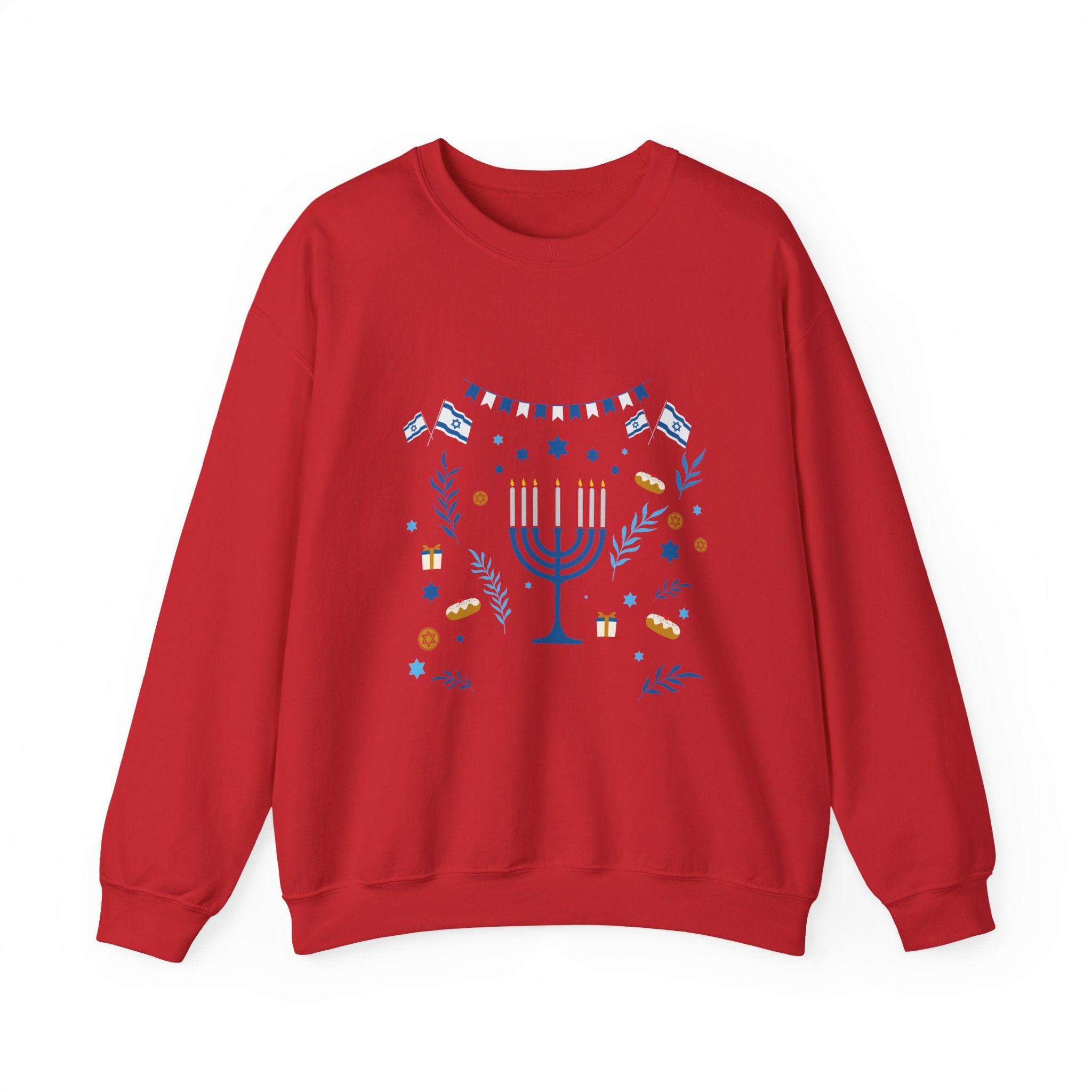 Hanukkah Crewneck Sweatshirt — Menorah & "Happy Hanukkah" Holiday Sweater