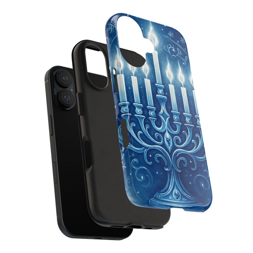 Blue Hanukkah Menorah Tough Phone Case — Holiday Candlelight Protective Cover