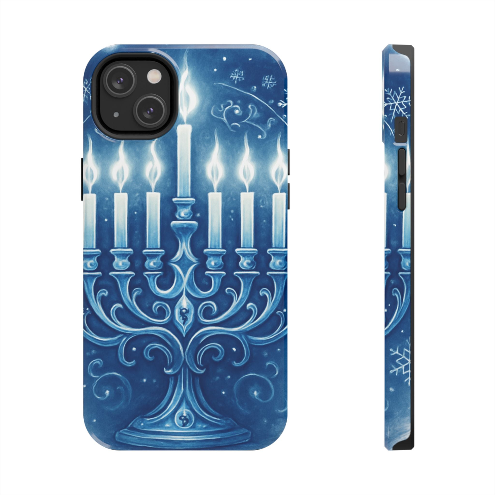 Blue Hanukkah Menorah Tough Phone Case — Holiday Candlelight Protective Cover