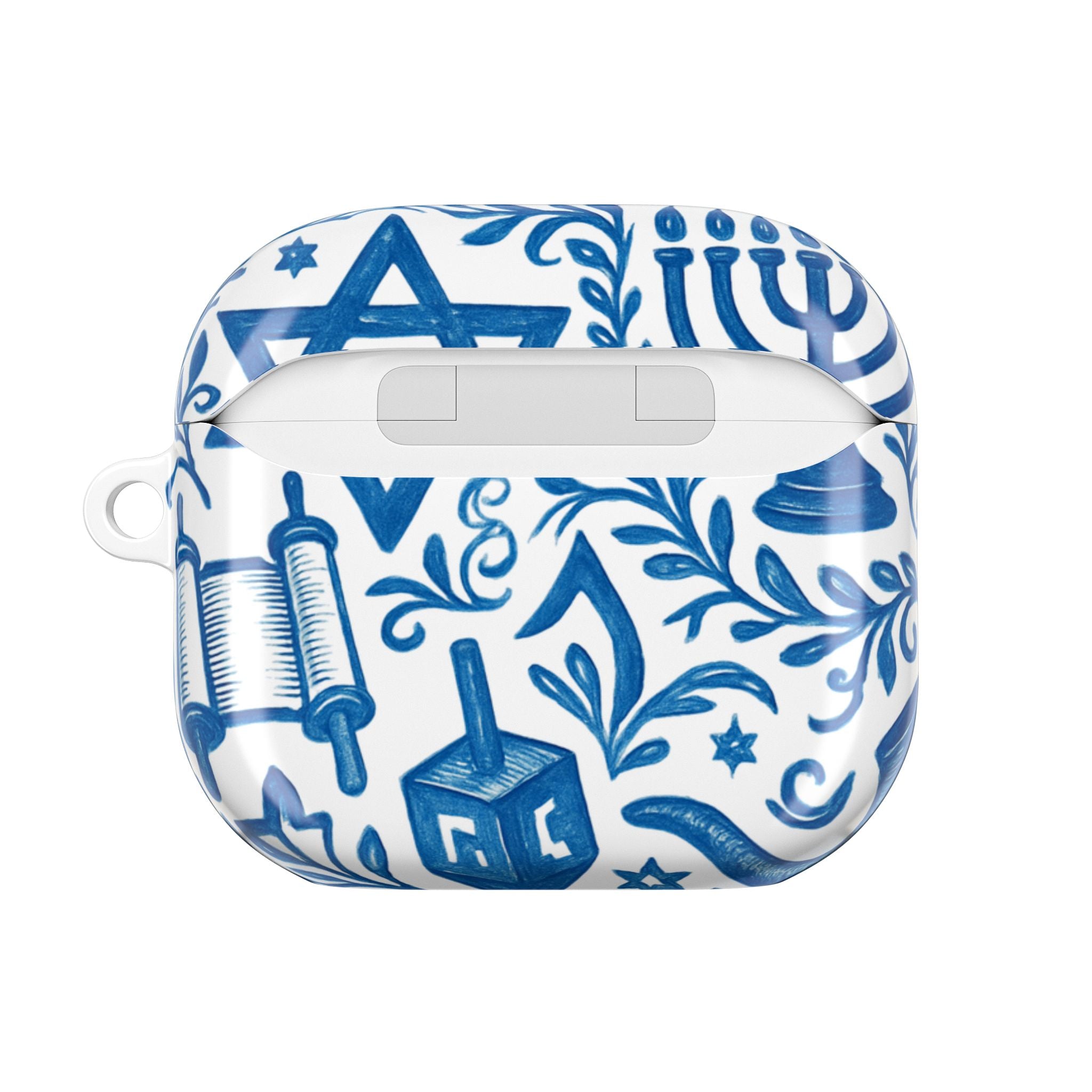 Hanukkah AirPod Case — Blue Menorah, Star of David & Dreidel Design