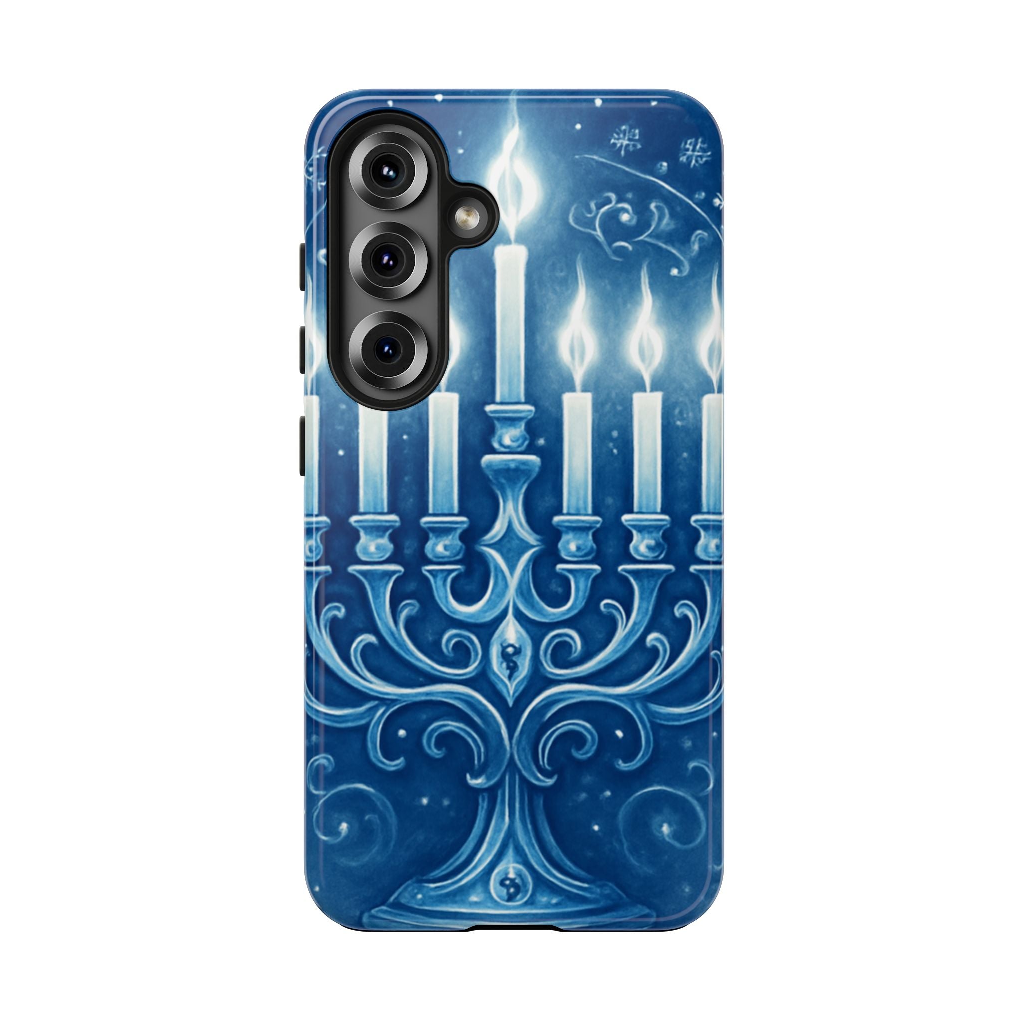 Blue Hanukkah Menorah Tough Phone Case — Holiday Candlelight Protective Cover