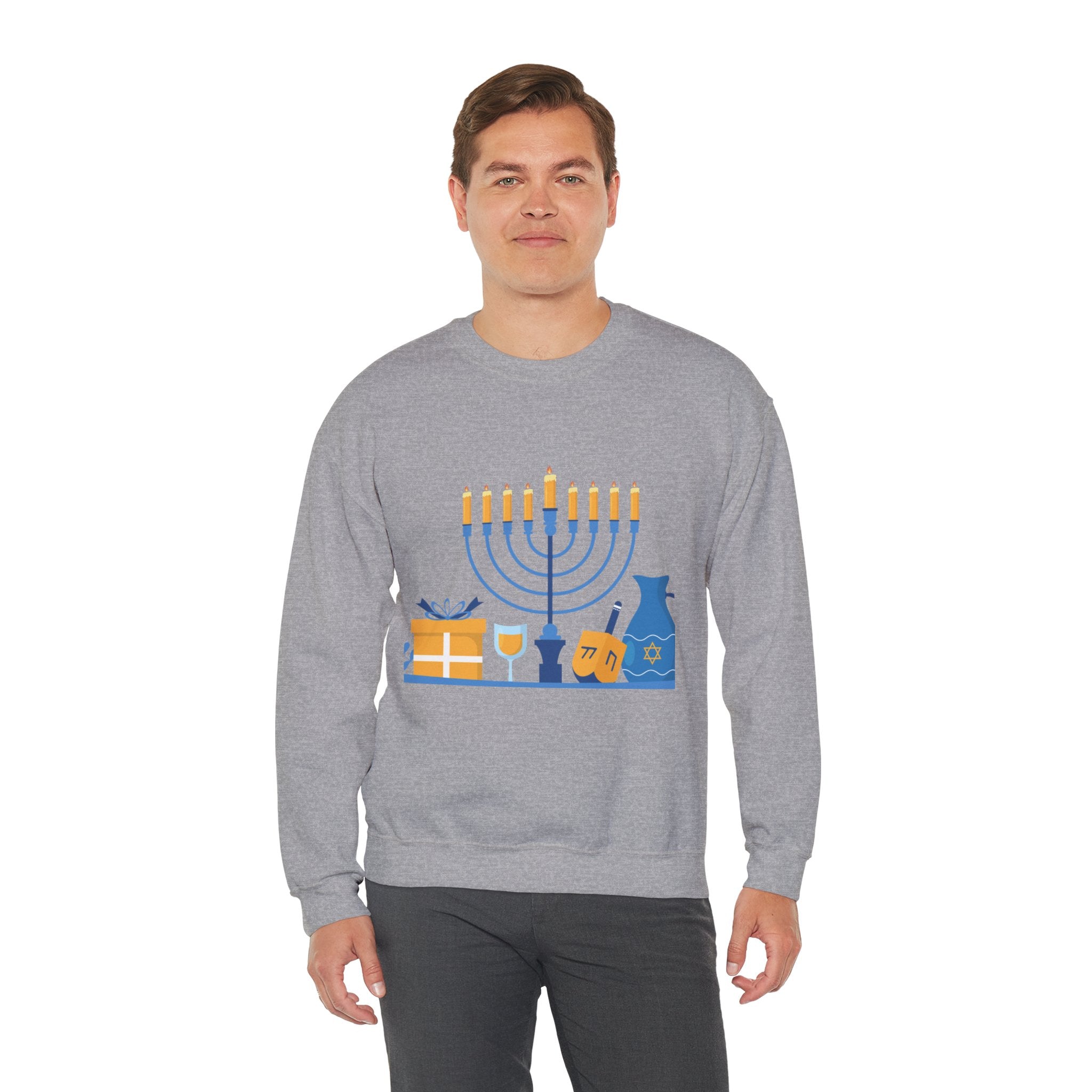 Hanukkah Crewneck Sweatshirt — Menorah, Dreidel & ‘Happy Hanukkah’ Holiday Sweater