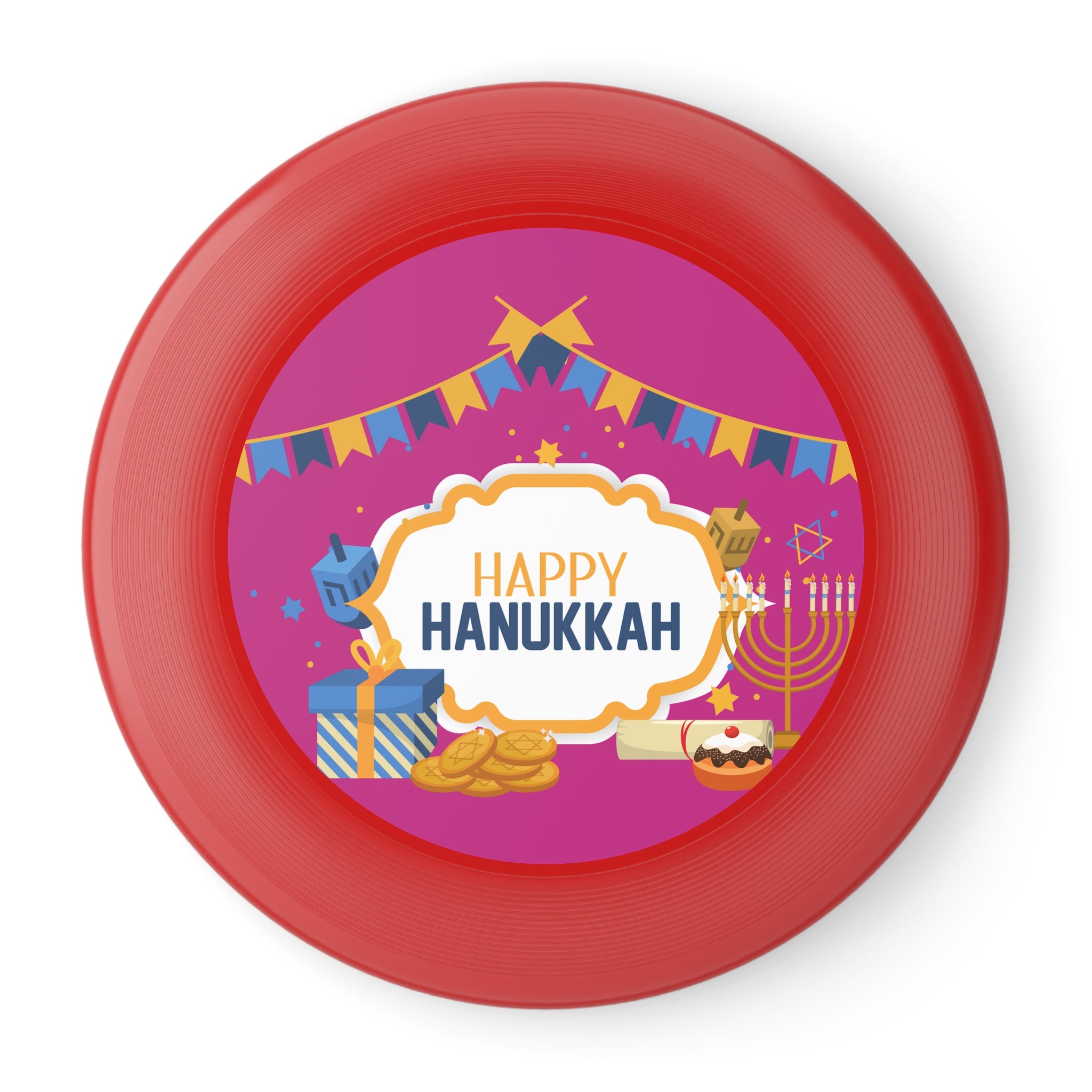 Red frisbee with 'Happy Hanukkah' design on a white background