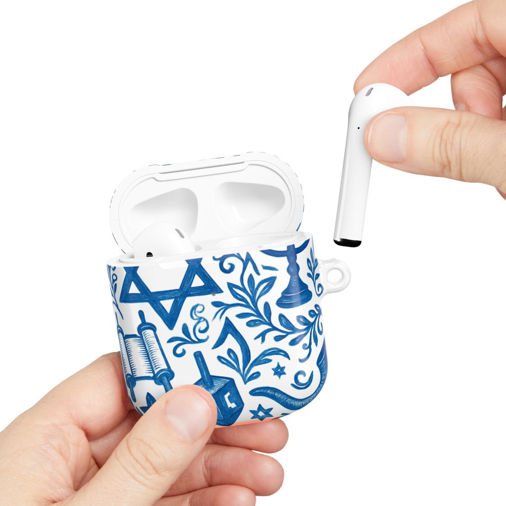 Hanukkah AirPod Case — Blue Menorah, Star of David & Dreidel Design