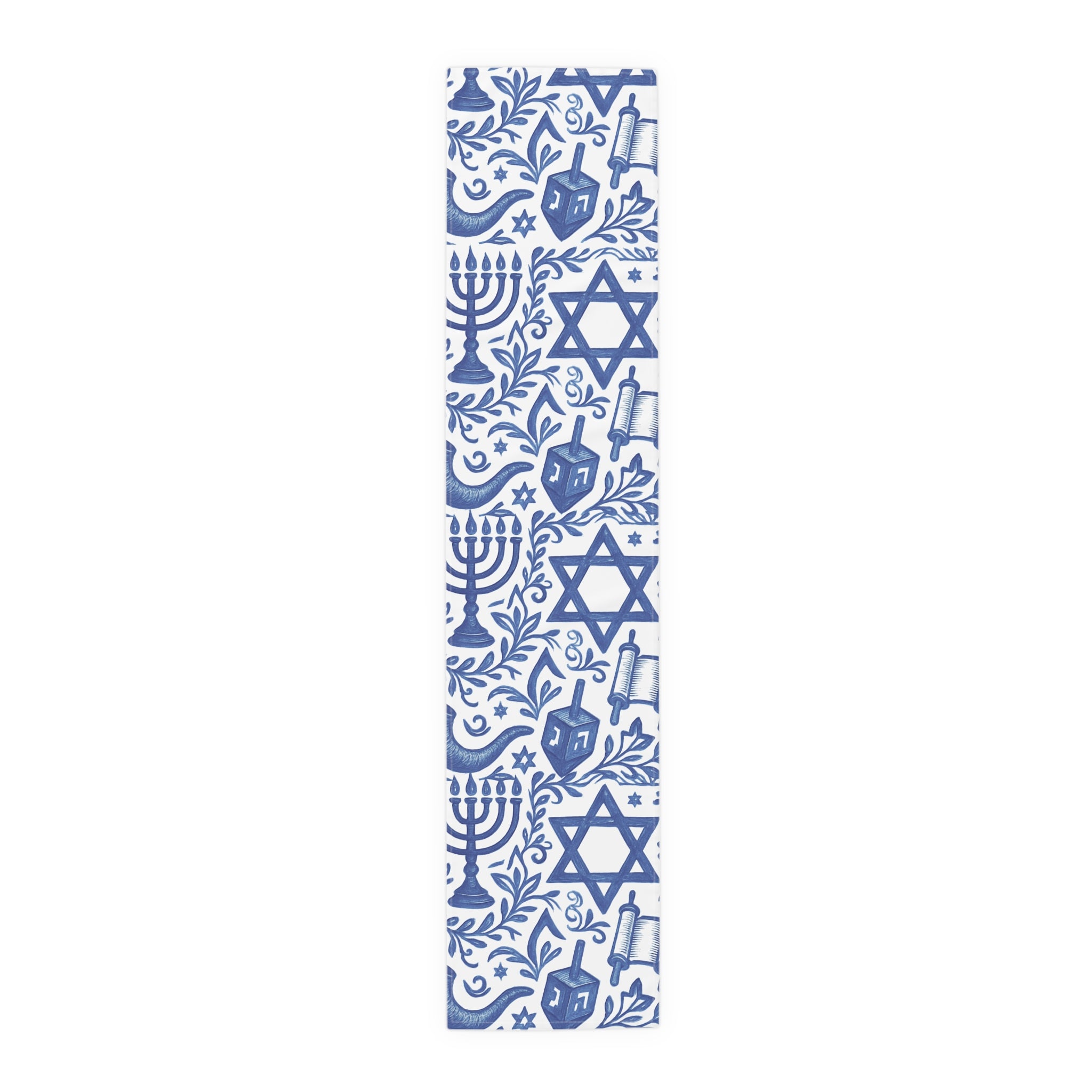 Blue and white decorative mat with Hanukkah symbols on a white background