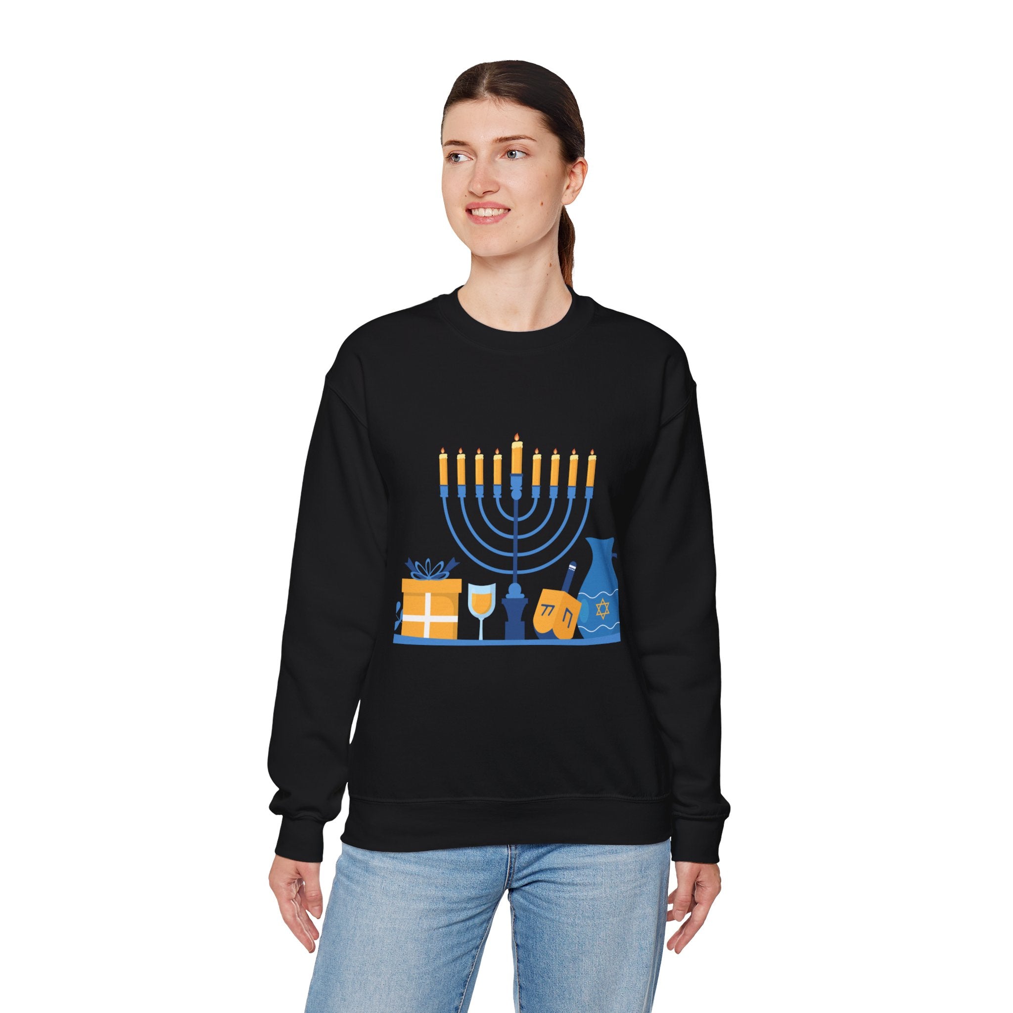 Hanukkah Crewneck Sweatshirt — Menorah, Dreidel & ‘Happy Hanukkah’ Holiday Sweater