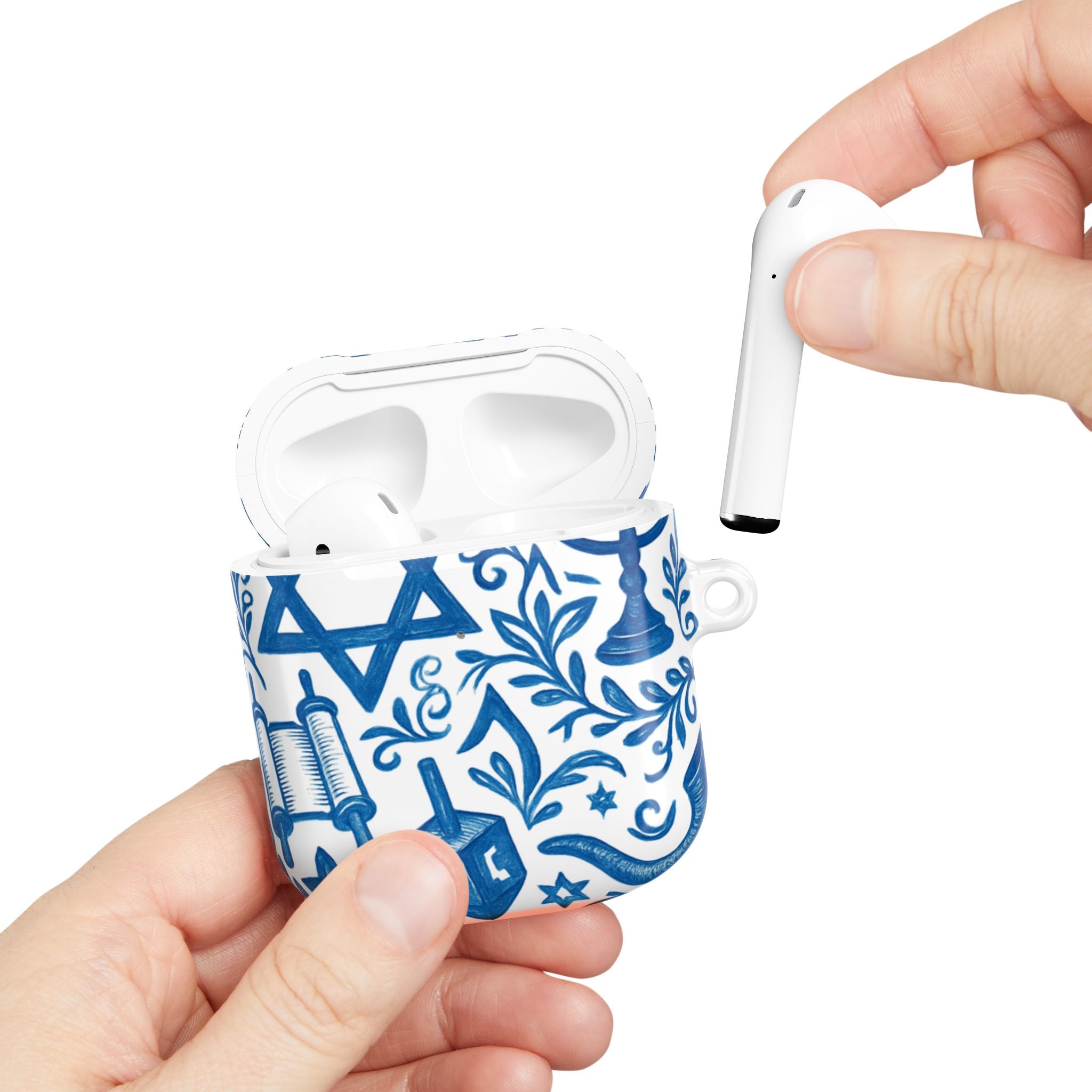 Hanukkah AirPod Case — Blue Menorah, Star of David & Dreidel Design