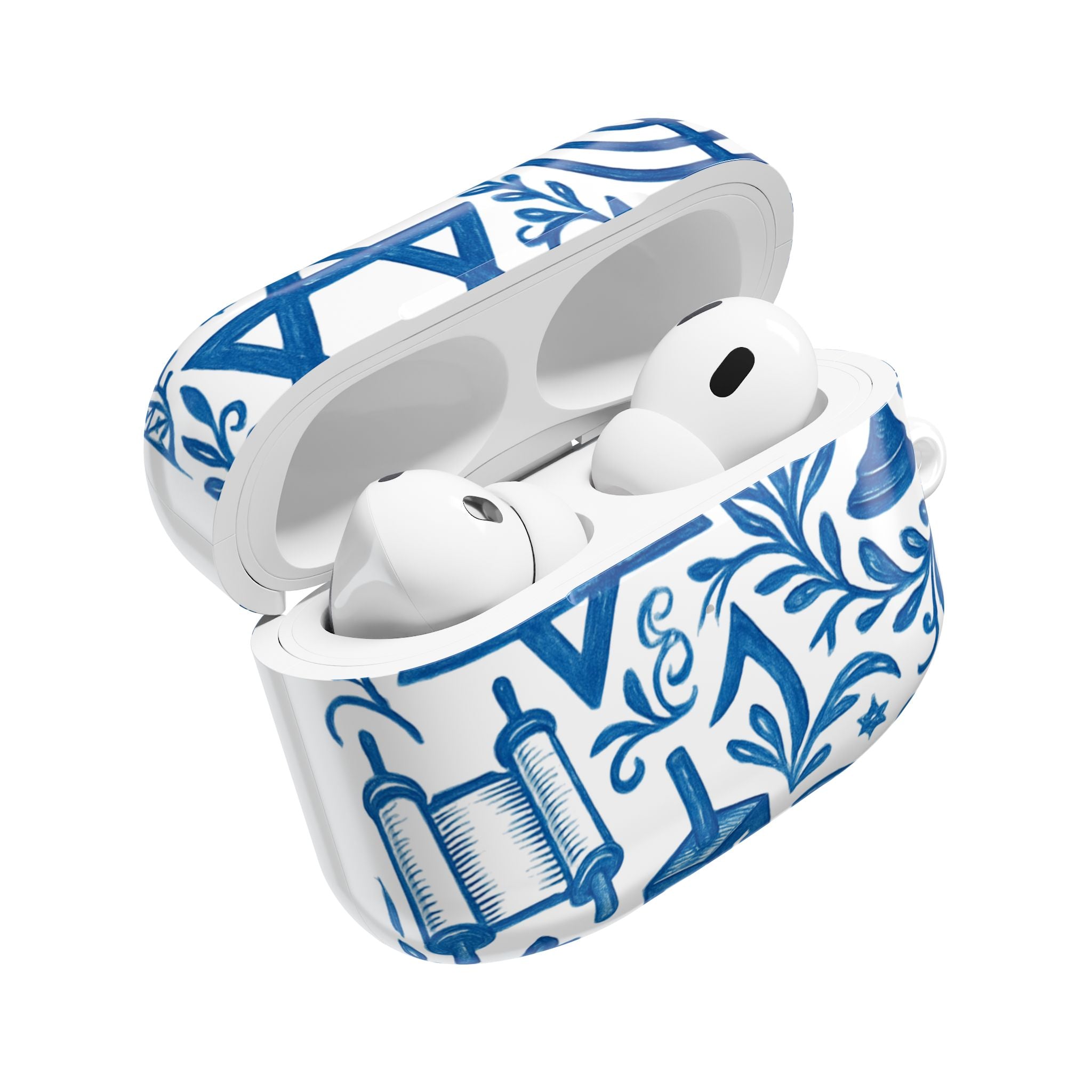 Hanukkah AirPod Case — Blue Menorah, Star of David & Dreidel Design