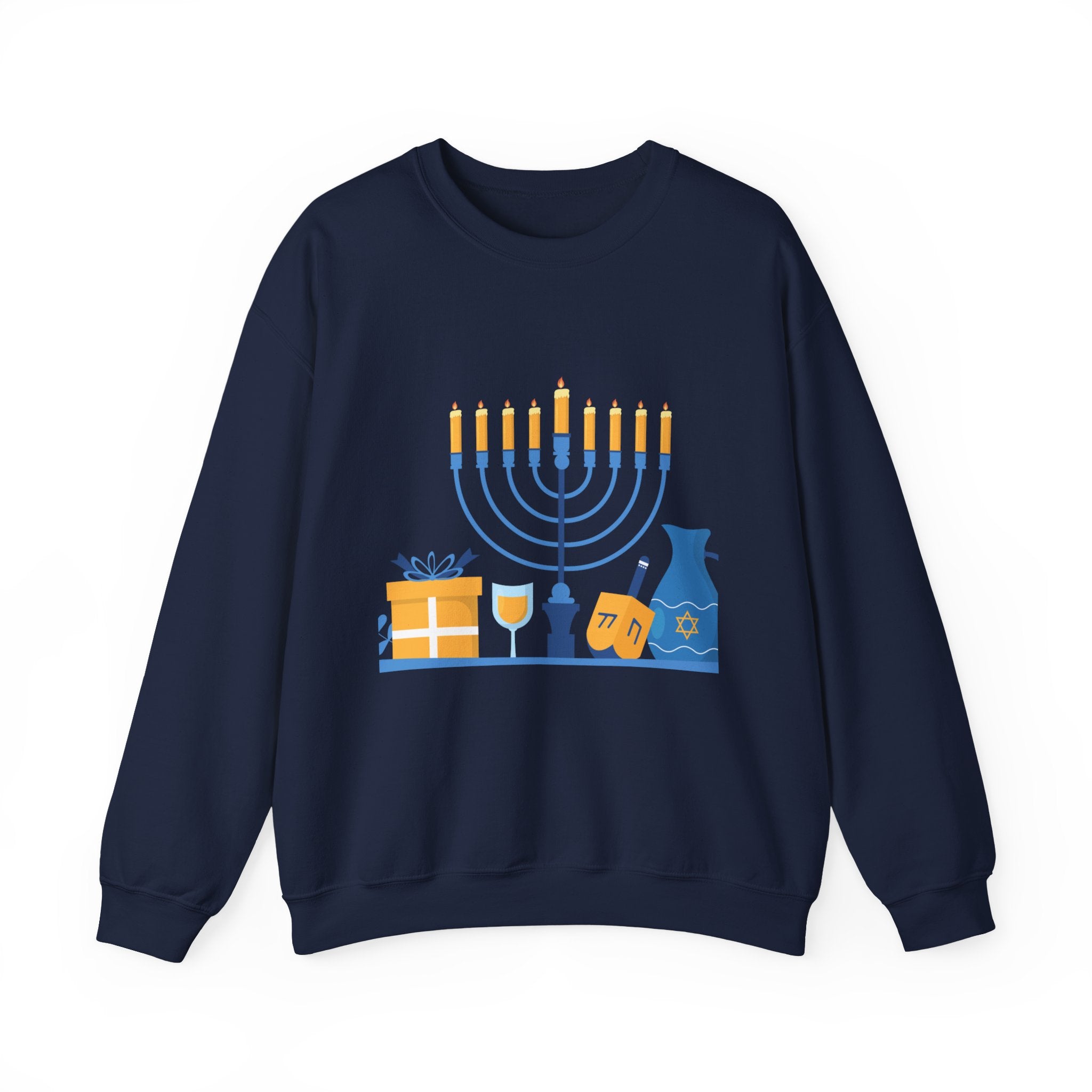 Hanukkah Crewneck Sweatshirt — Menorah, Dreidel & ‘Happy Hanukkah’ Holiday Sweater