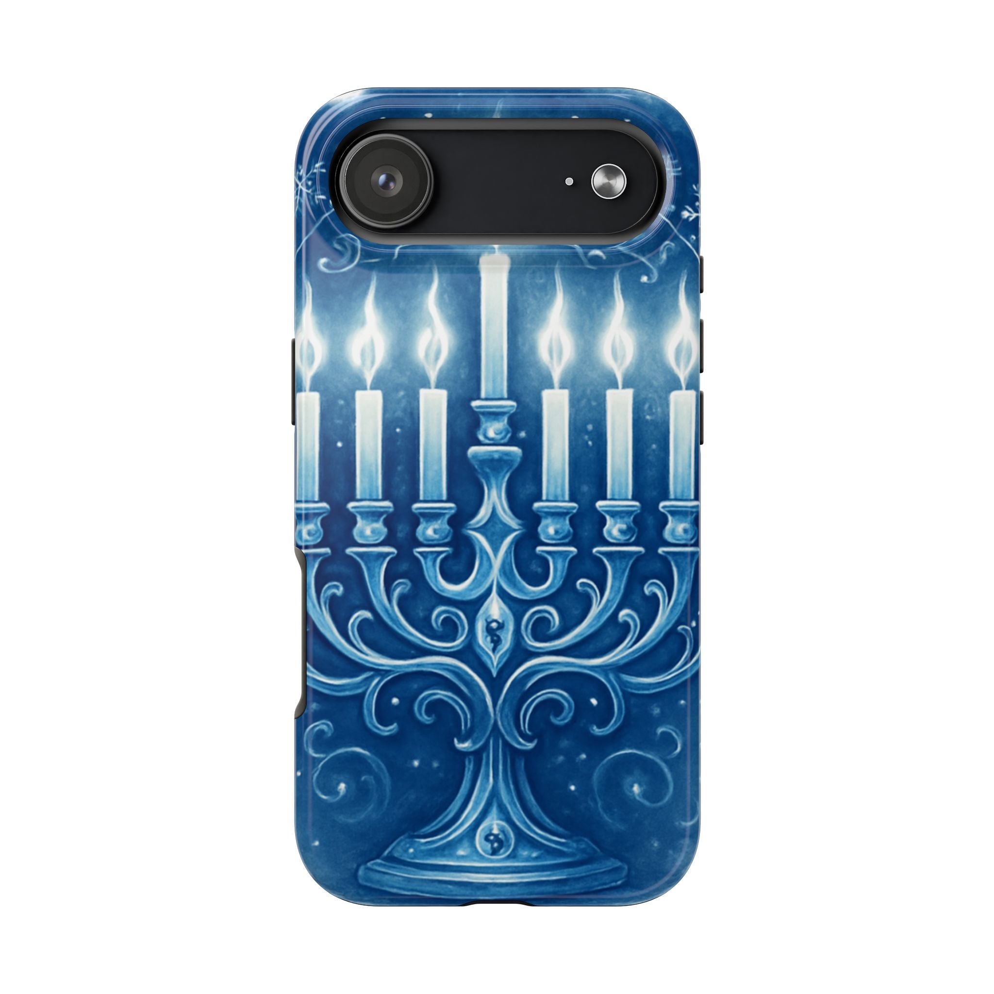 Blue Hanukkah Menorah Tough Phone Case — Holiday Candlelight Protective Cover