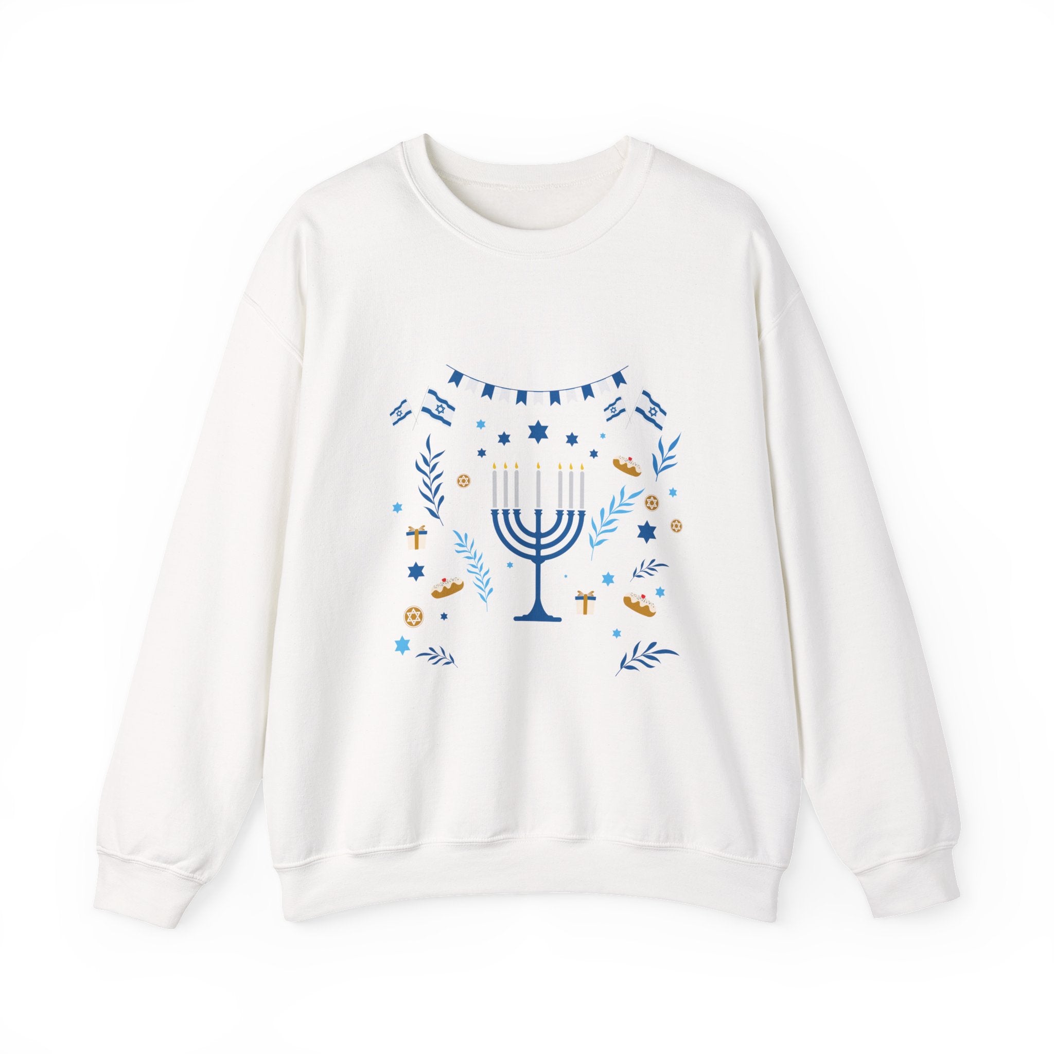 Hanukkah Crewneck Sweatshirt — Menorah & "Happy Hanukkah" Holiday Sweater
