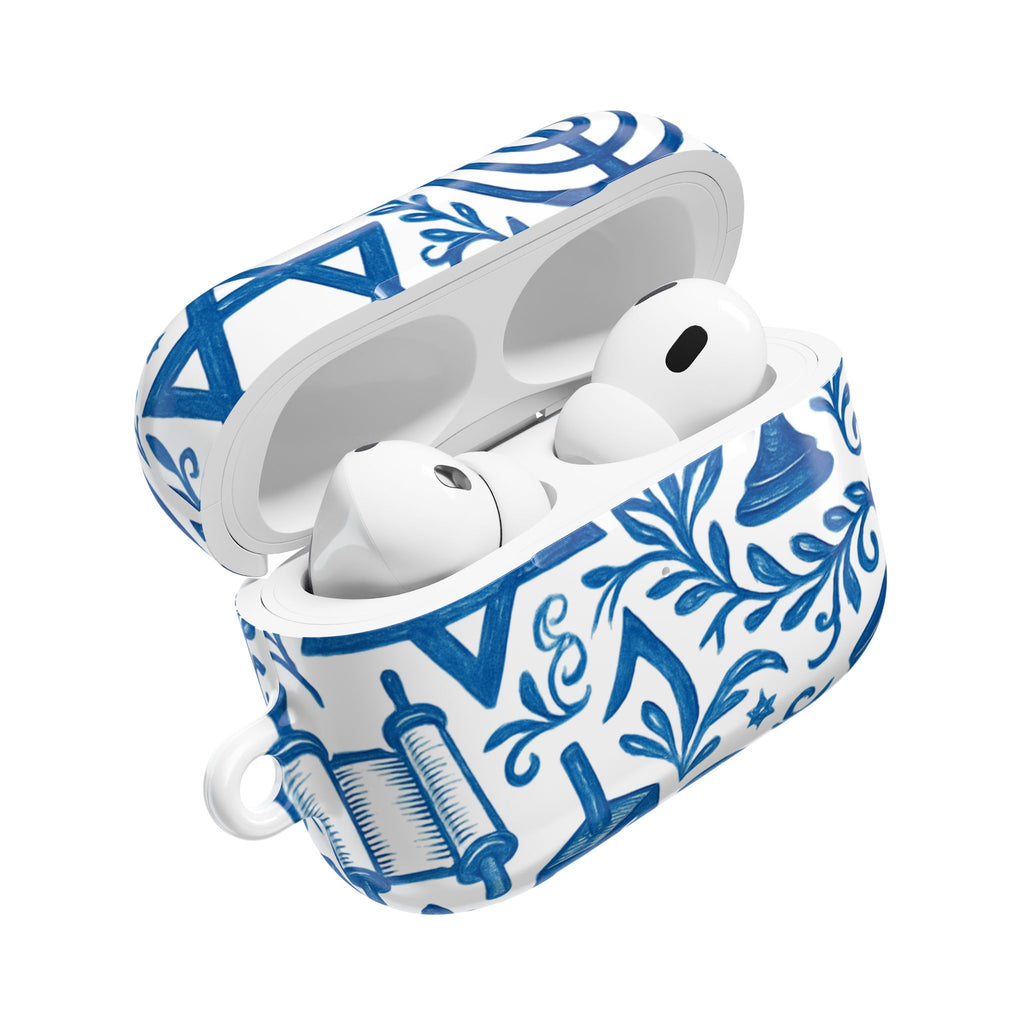 Hanukkah AirPod Case — Blue Menorah, Star of David & Dreidel Design