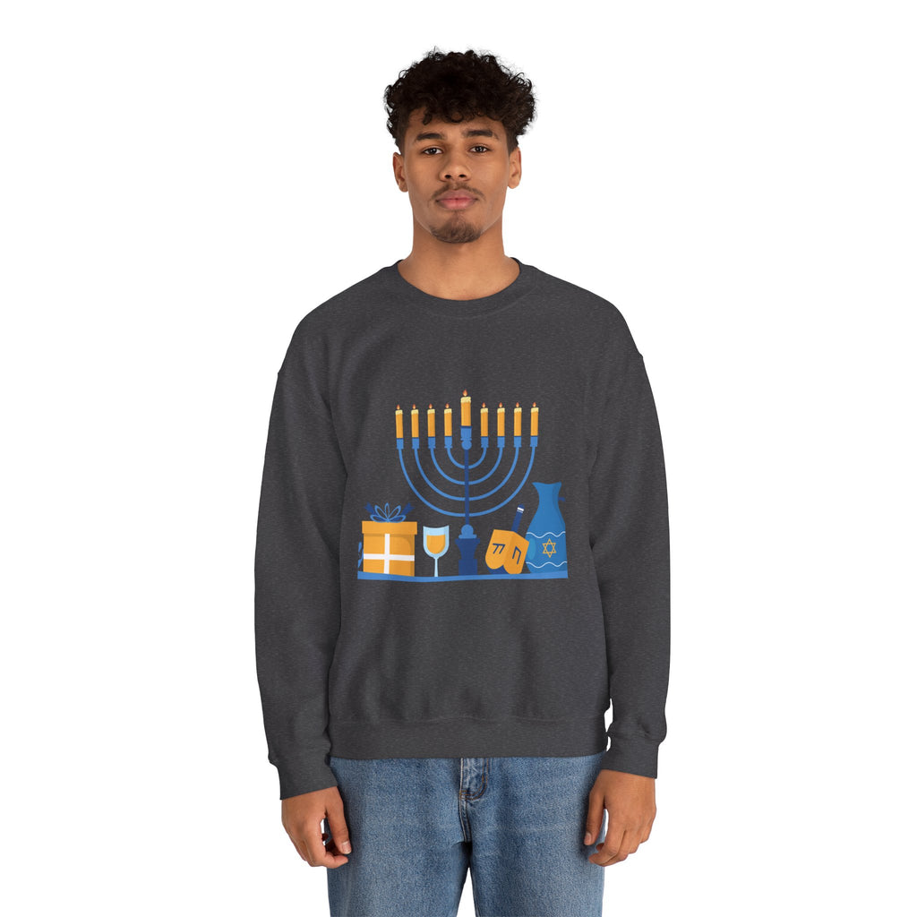 Hanukkah Crewneck Sweatshirt — Menorah, Dreidel & ‘Happy Hanukkah’ Holiday Sweater