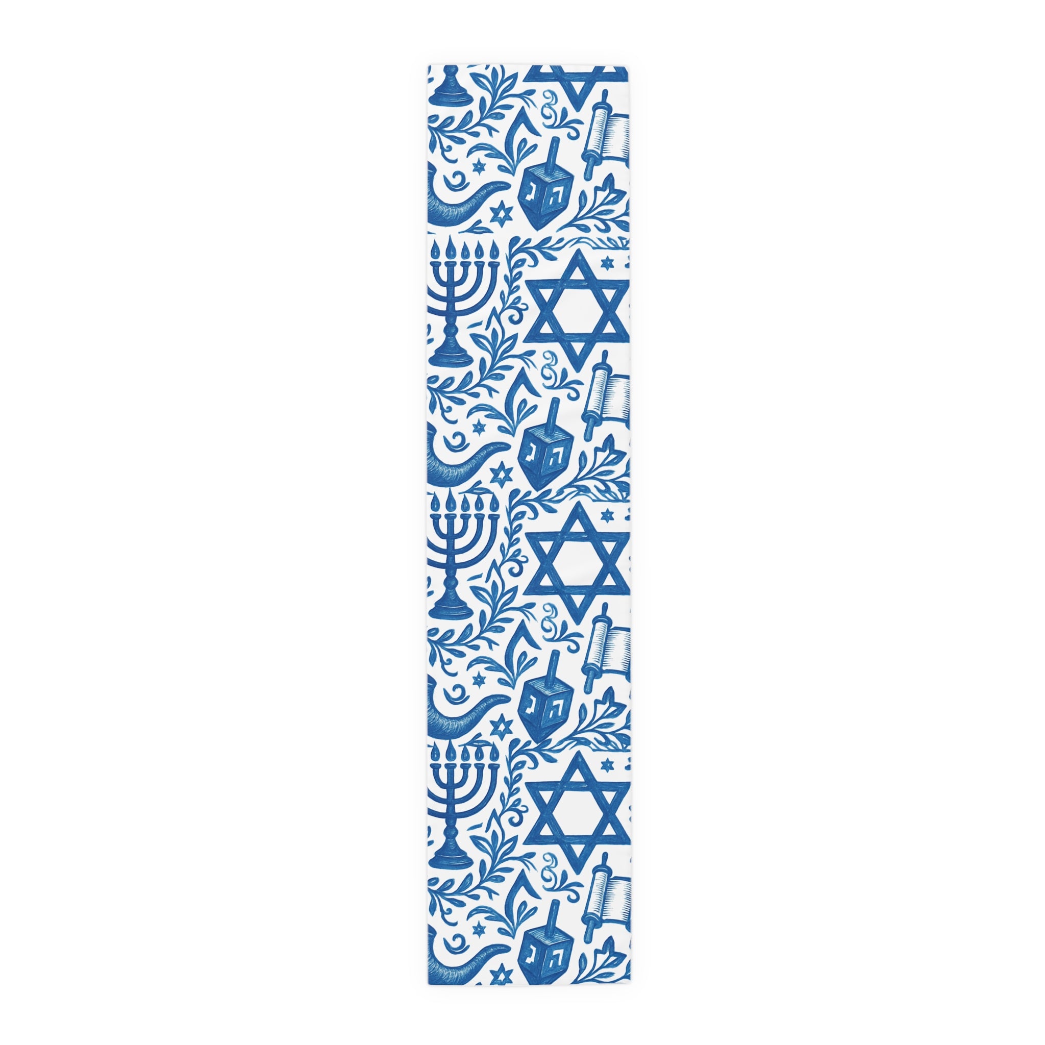 Blue and white patterned tallit bag with religious symbols on a white background