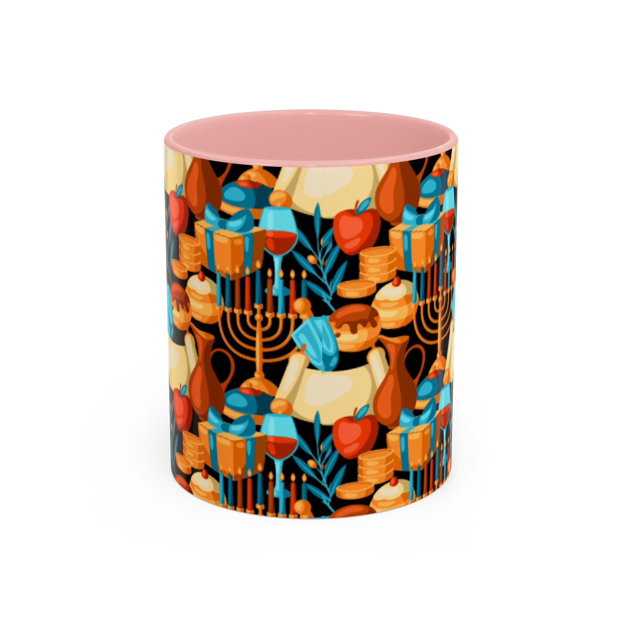 Hanukkah Pattern Accent Coffee Mug — Menorah, Dreidel & Sufganiyot Holiday Design (11/15oz)