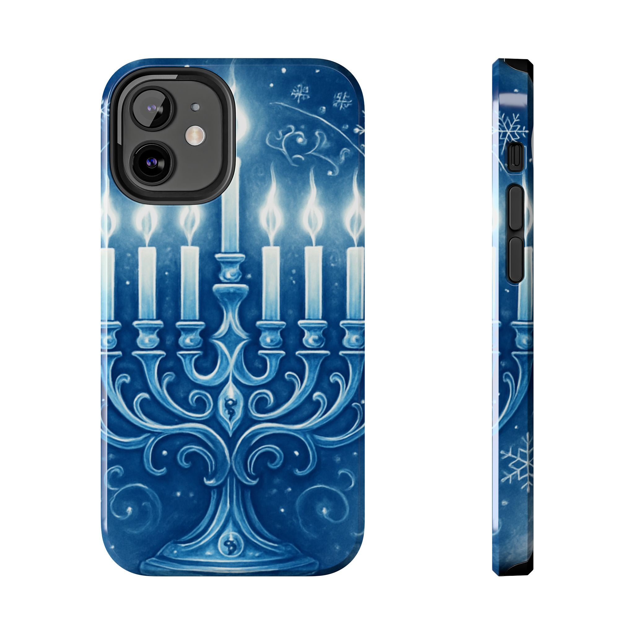 Blue Hanukkah Menorah Tough Phone Case — Holiday Candlelight Protective Cover
