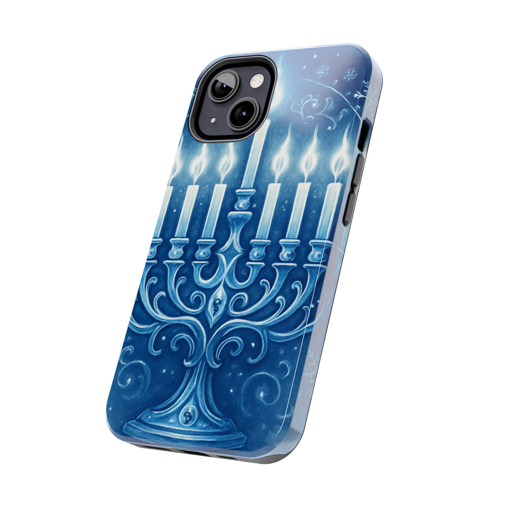 Blue Hanukkah Menorah Tough Phone Case — Holiday Candlelight Protective Cover