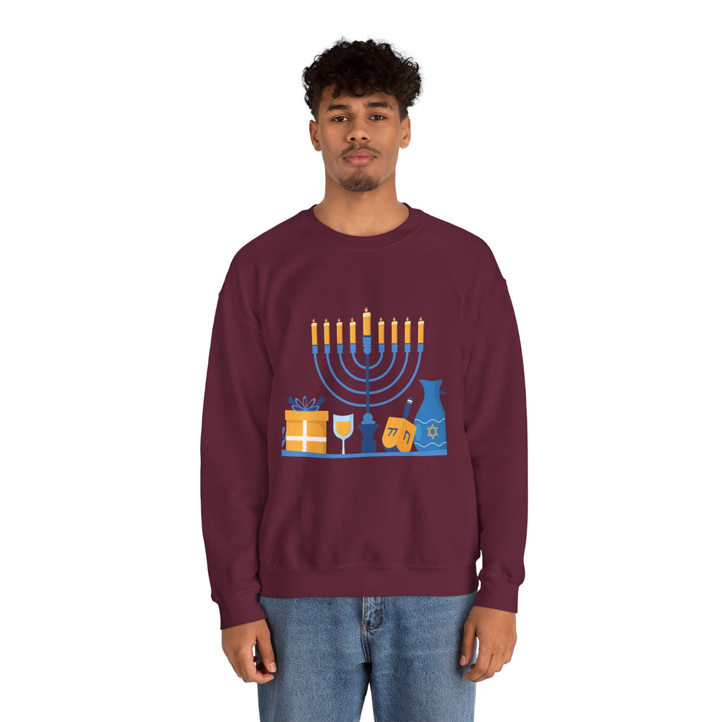Hanukkah Crewneck Sweatshirt — Menorah, Dreidel & ‘Happy Hanukkah’ Holiday Sweater