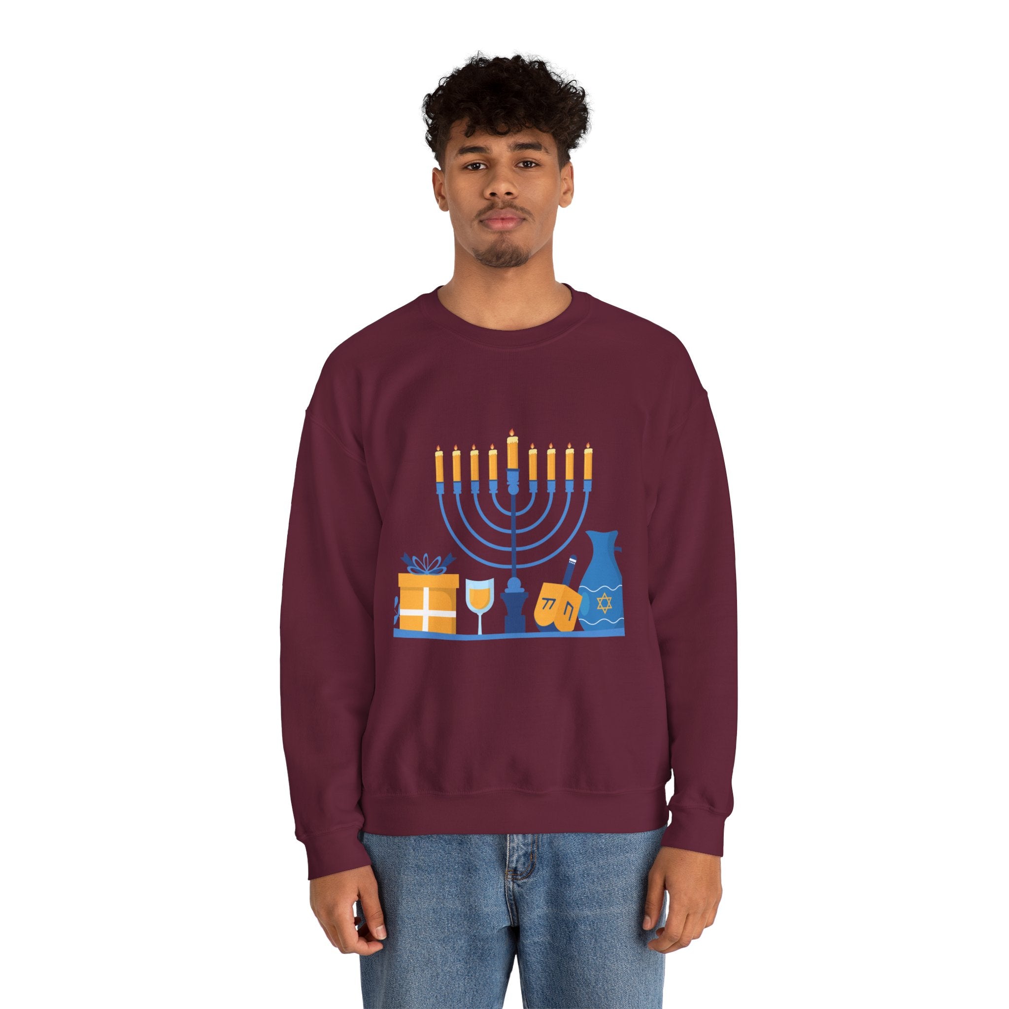 Hanukkah Crewneck Sweatshirt — Menorah, Dreidel & ‘Happy Hanukkah’ Holiday Sweater