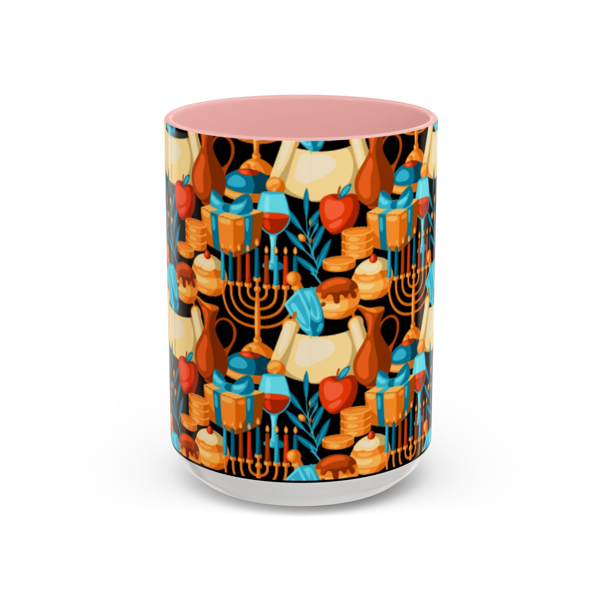 Hanukkah Pattern Accent Coffee Mug — Menorah, Dreidel & Sufganiyot Holiday Design (11/15oz)