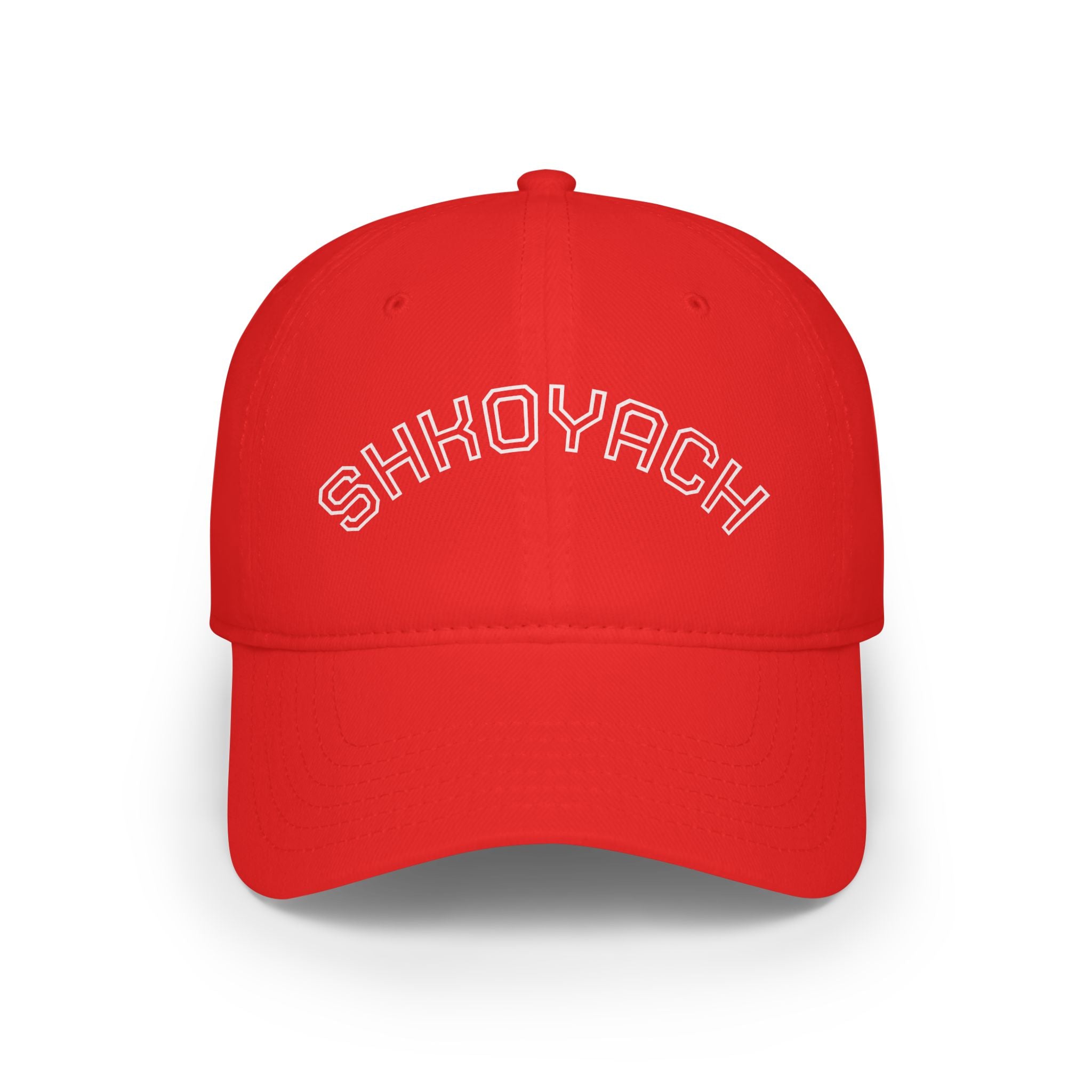 Red cap with 'SHKOVICH' text on a white background