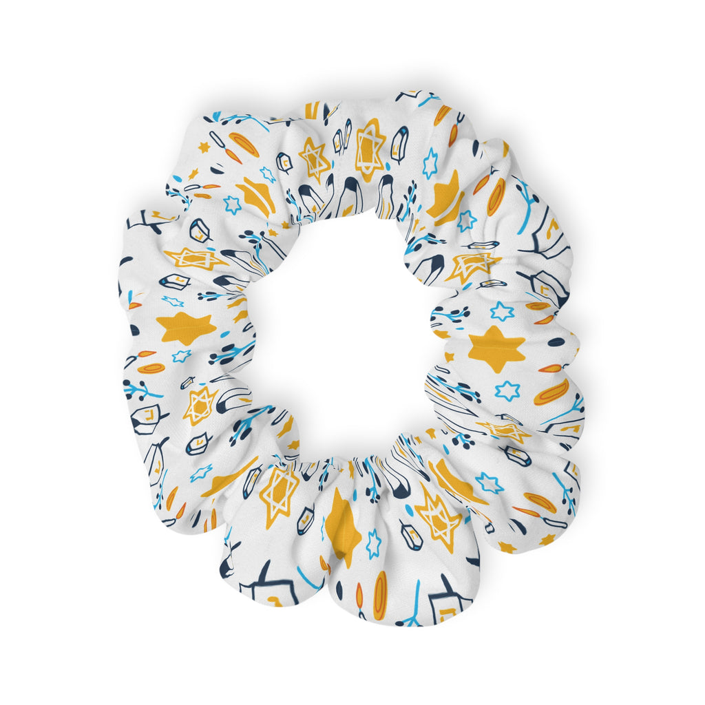 Hanukkah Star Pattern Scrunchie — White & Gold Festive Hair Accessory