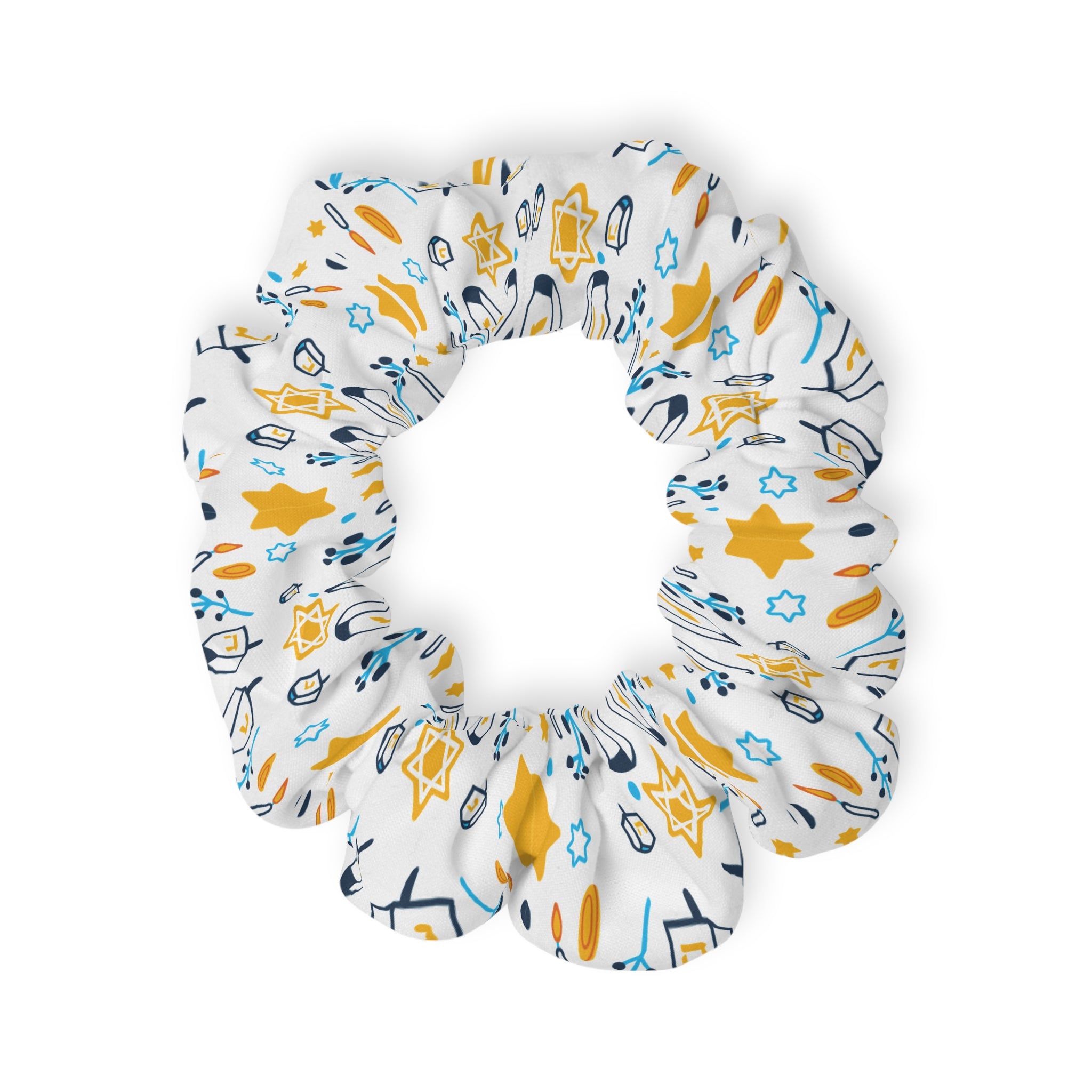 Hanukkah Star Pattern Scrunchie — White & Gold Festive Hair Accessory