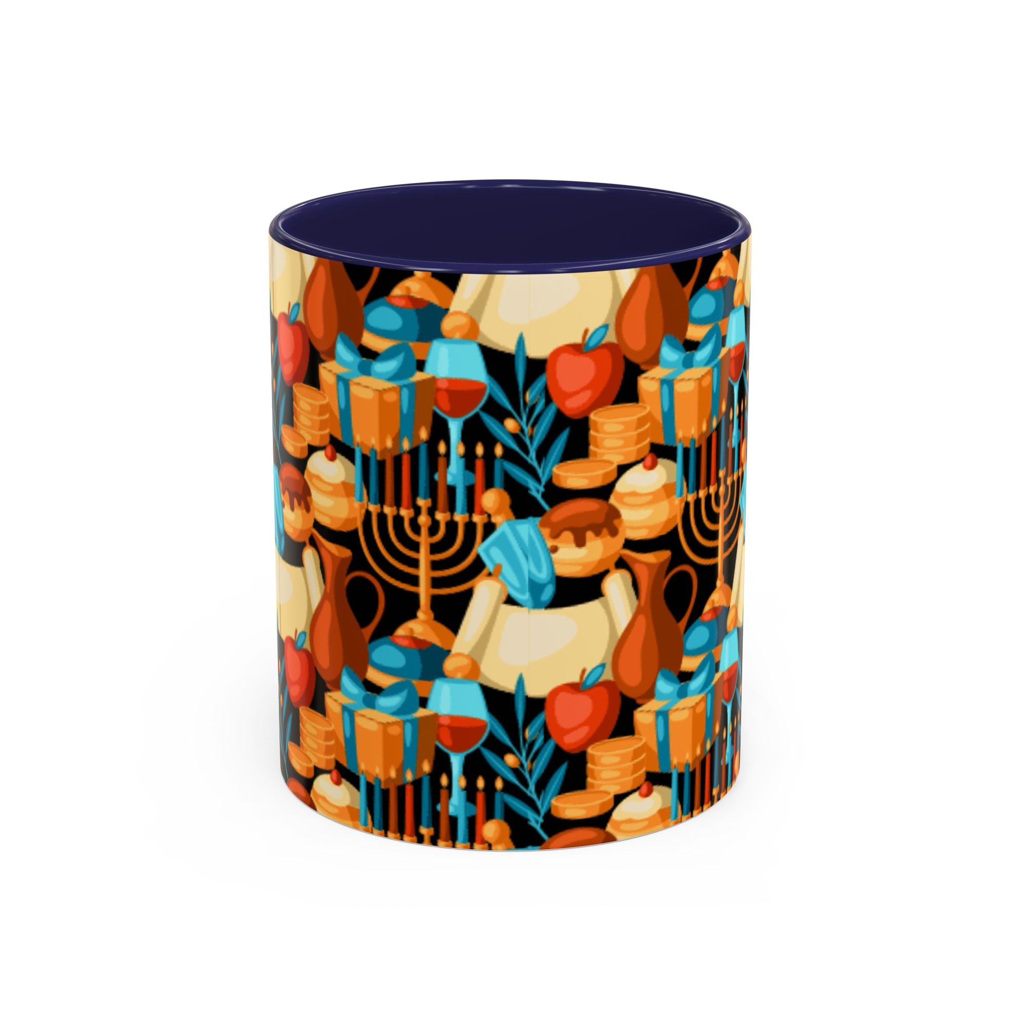 Hanukkah Pattern Accent Coffee Mug — Menorah, Dreidel & Sufganiyot Holiday Design (11/15oz)