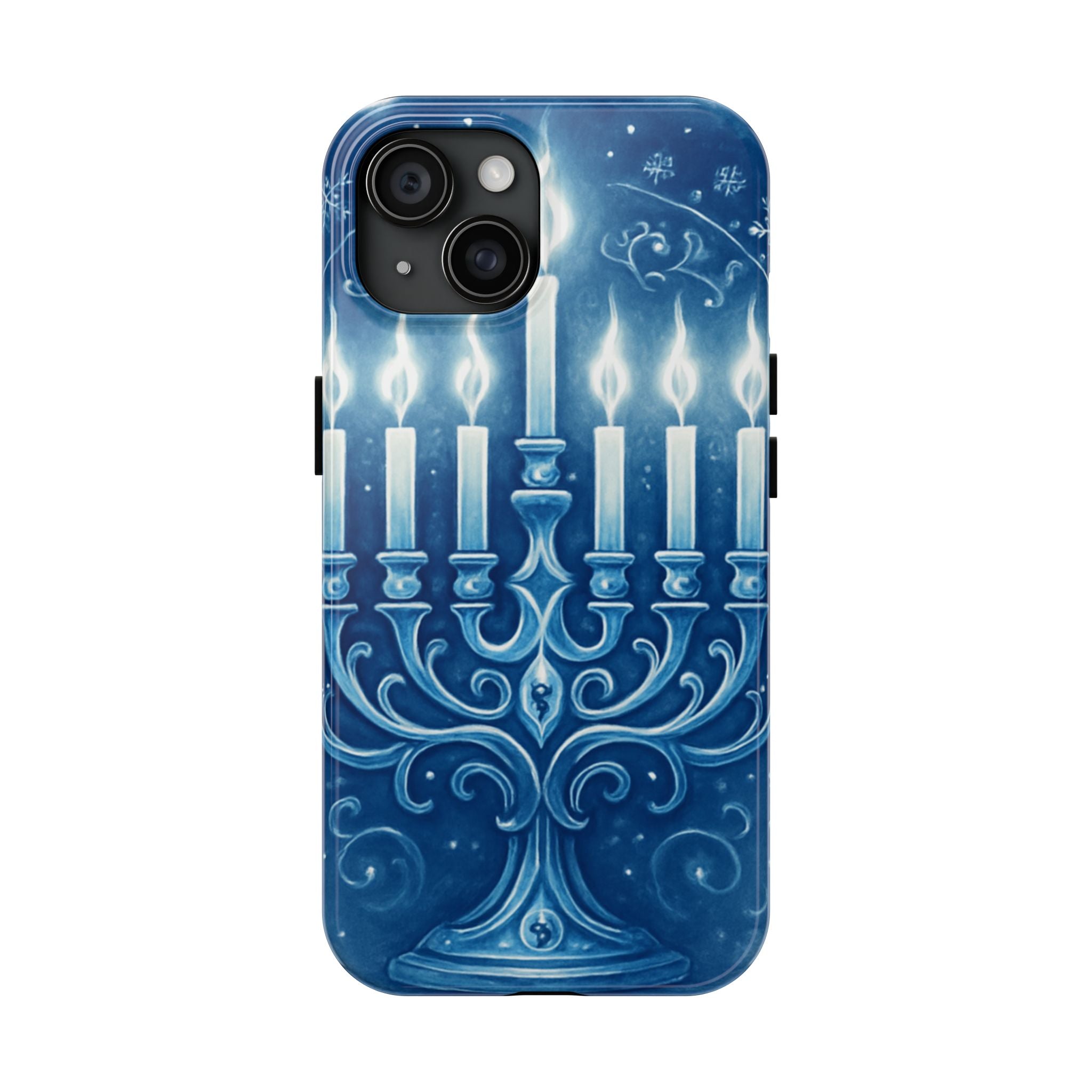 Blue Hanukkah Menorah Tough Phone Case — Holiday Candlelight Protective Cover