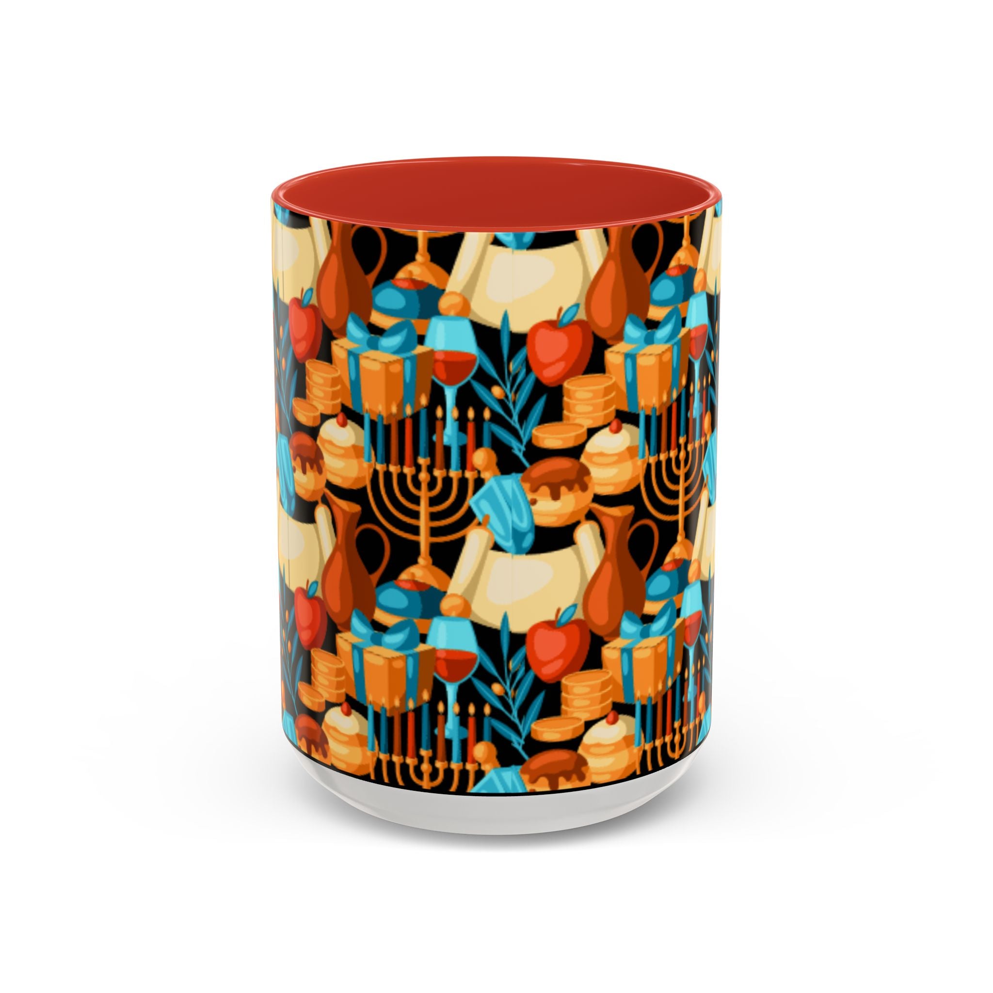 Hanukkah Pattern Accent Coffee Mug — Menorah, Dreidel & Sufganiyot Holiday Design (11/15oz)