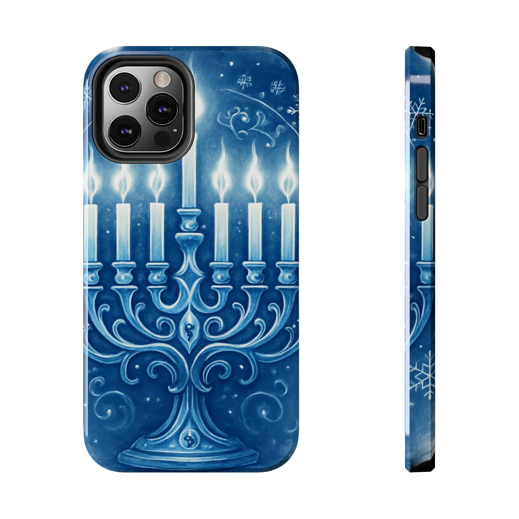 Blue Hanukkah Menorah Tough Phone Case — Holiday Candlelight Protective Cover