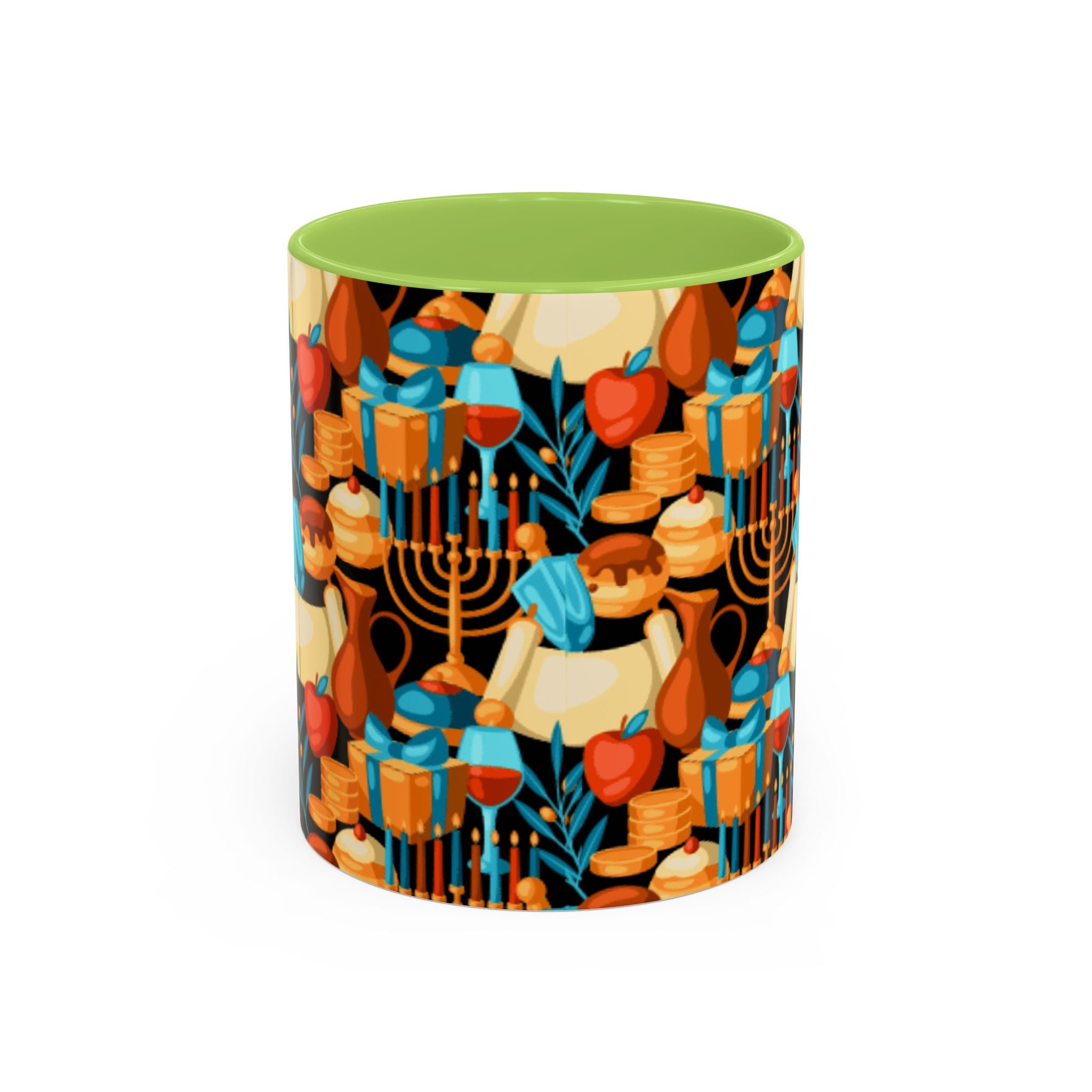 Hanukkah Pattern Accent Coffee Mug — Menorah, Dreidel & Sufganiyot Holiday Design (11/15oz)