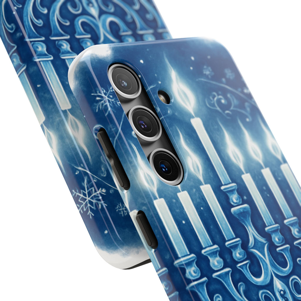 Blue Hanukkah Menorah Tough Phone Case — Holiday Candlelight Protective Cover