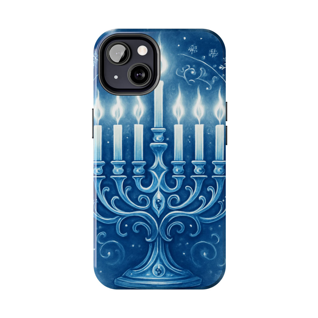 Blue Hanukkah Menorah Tough Phone Case — Holiday Candlelight Protective Cover