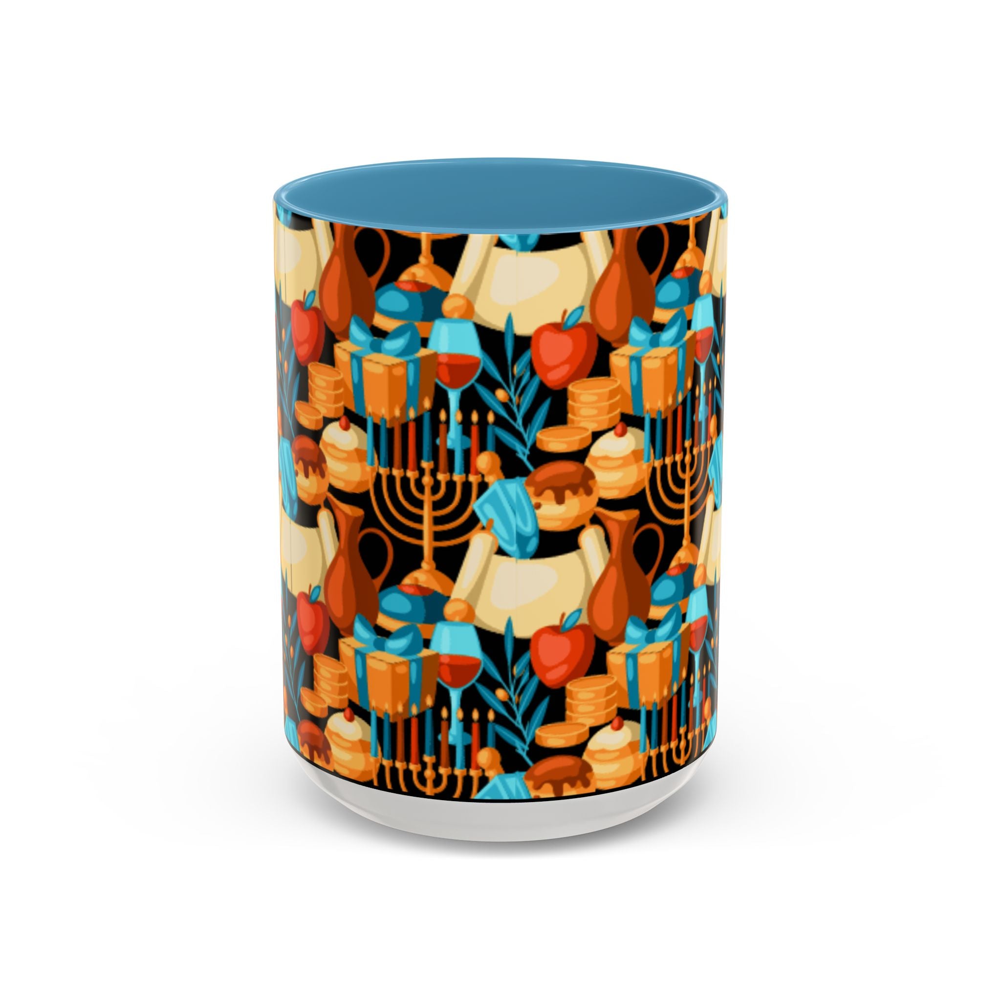 Hanukkah Pattern Accent Coffee Mug — Menorah, Dreidel & Sufganiyot Holiday Design (11/15oz)