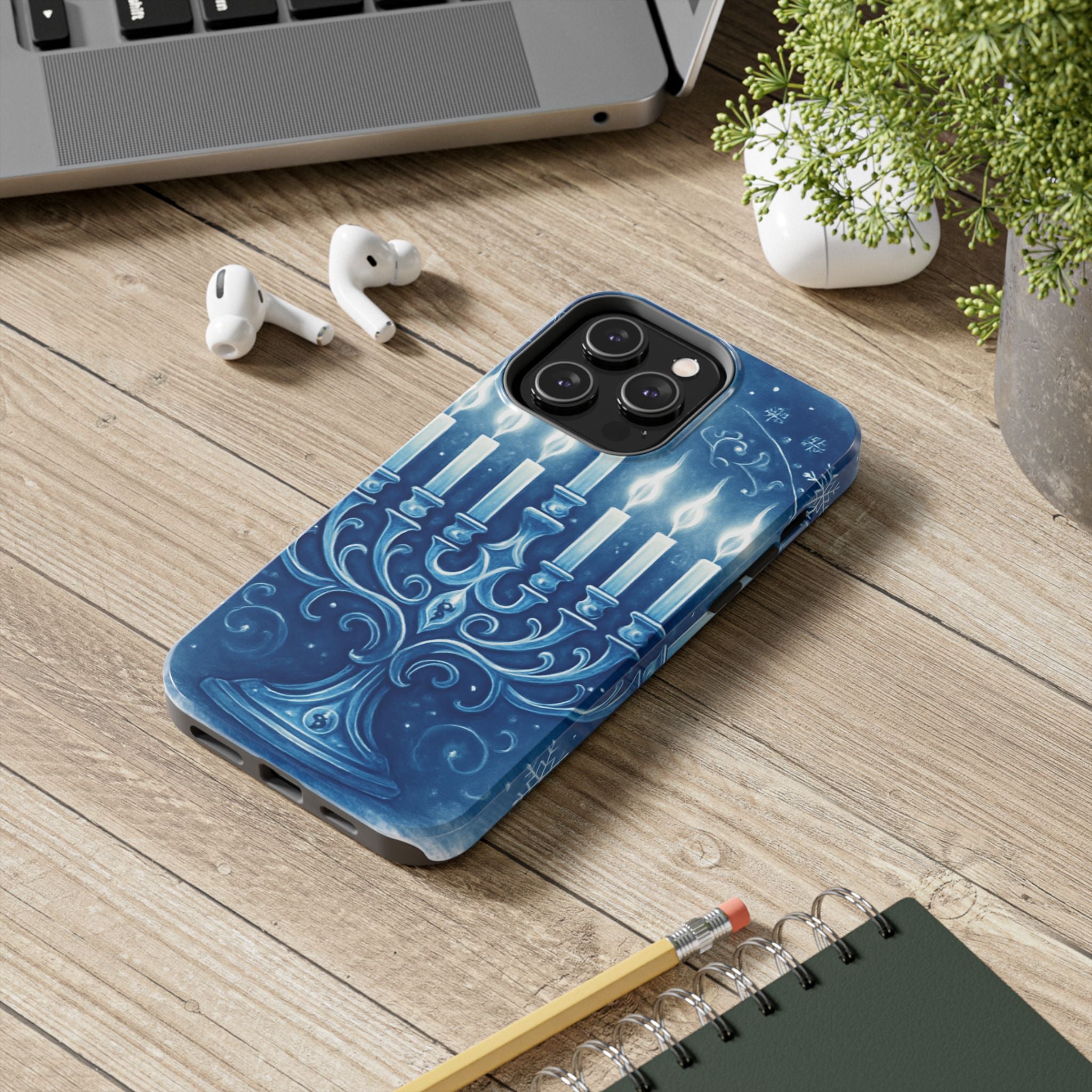 Blue Hanukkah Menorah Tough Phone Case — Holiday Candlelight Protective Cover