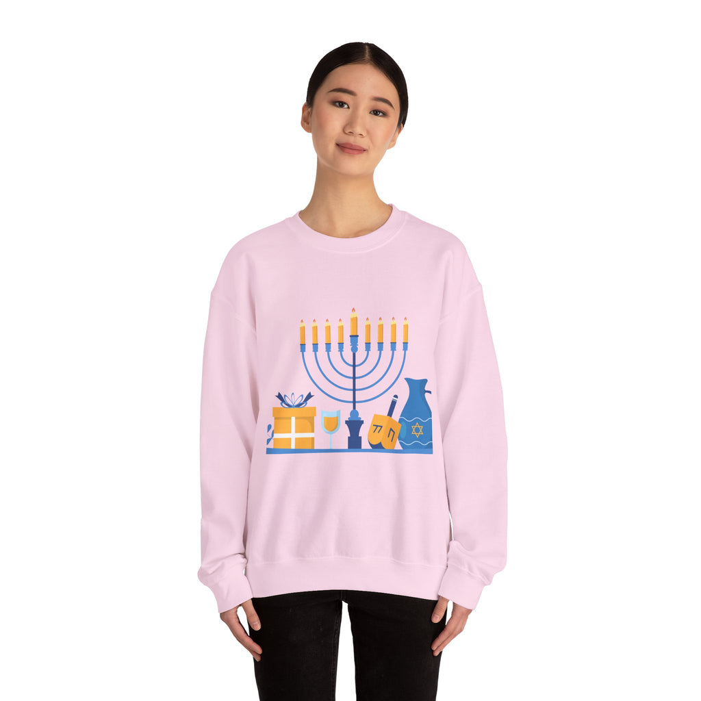 Hanukkah Crewneck Sweatshirt — Menorah, Dreidel & ‘Happy Hanukkah’ Holiday Sweater