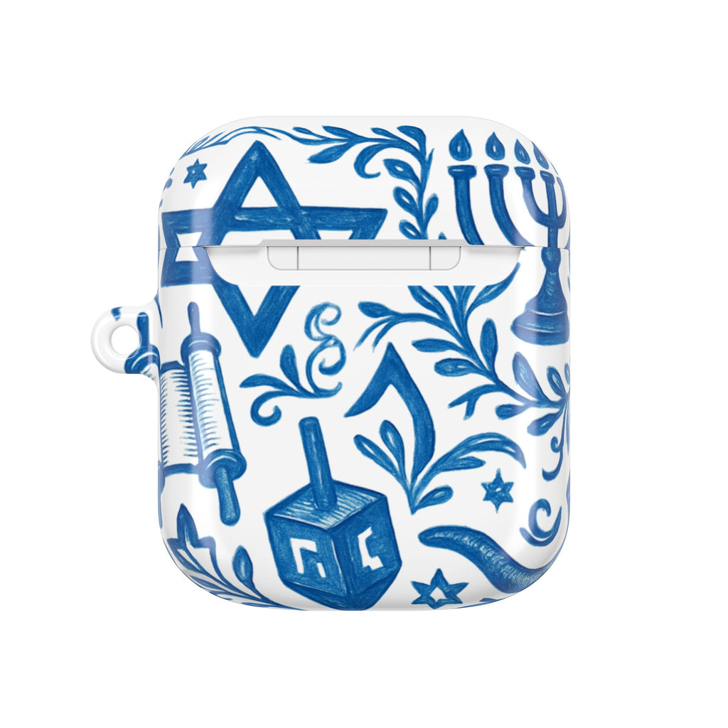 Hanukkah AirPod Case — Blue Menorah, Star of David & Dreidel Design