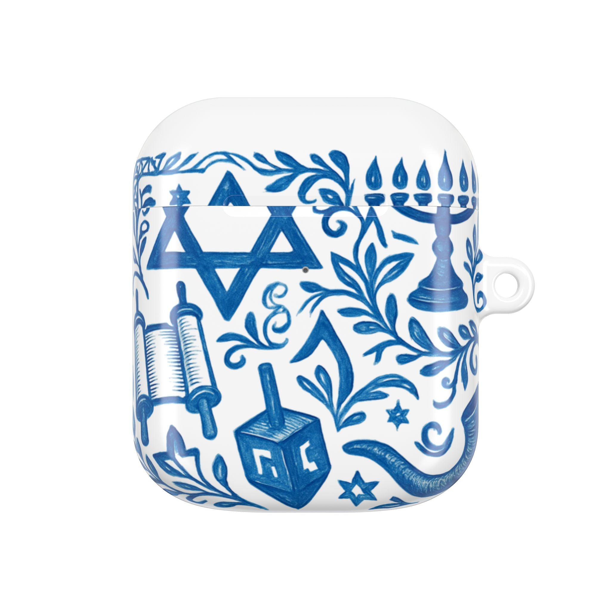 Hanukkah AirPod Case — Blue Menorah, Star of David & Dreidel Design