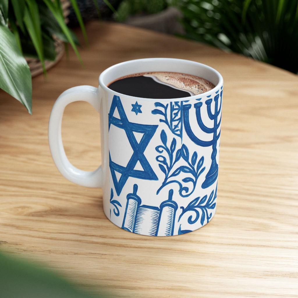 Mug with blue patterns on a wooden table