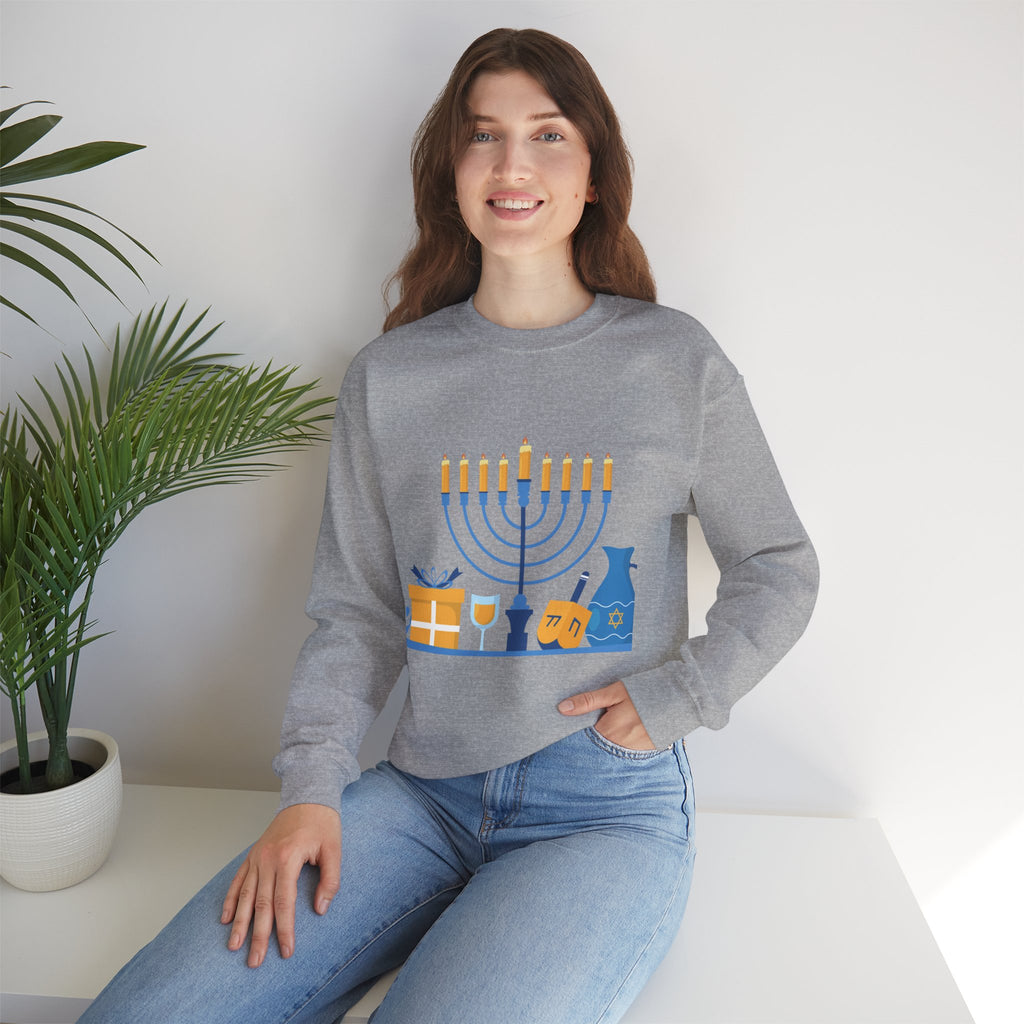 Hanukkah Crewneck Sweatshirt — Menorah, Dreidel & ‘Happy Hanukkah’ Holiday Sweater