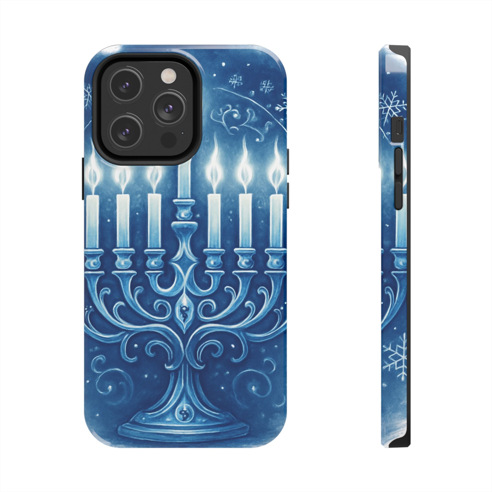 Blue Hanukkah Menorah Tough Phone Case — Holiday Candlelight Protective Cover