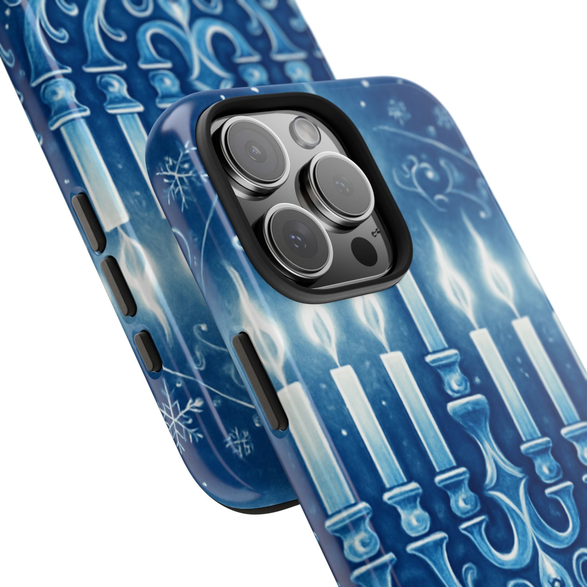 Blue Hanukkah Menorah Tough Phone Case — Holiday Candlelight Protective Cover
